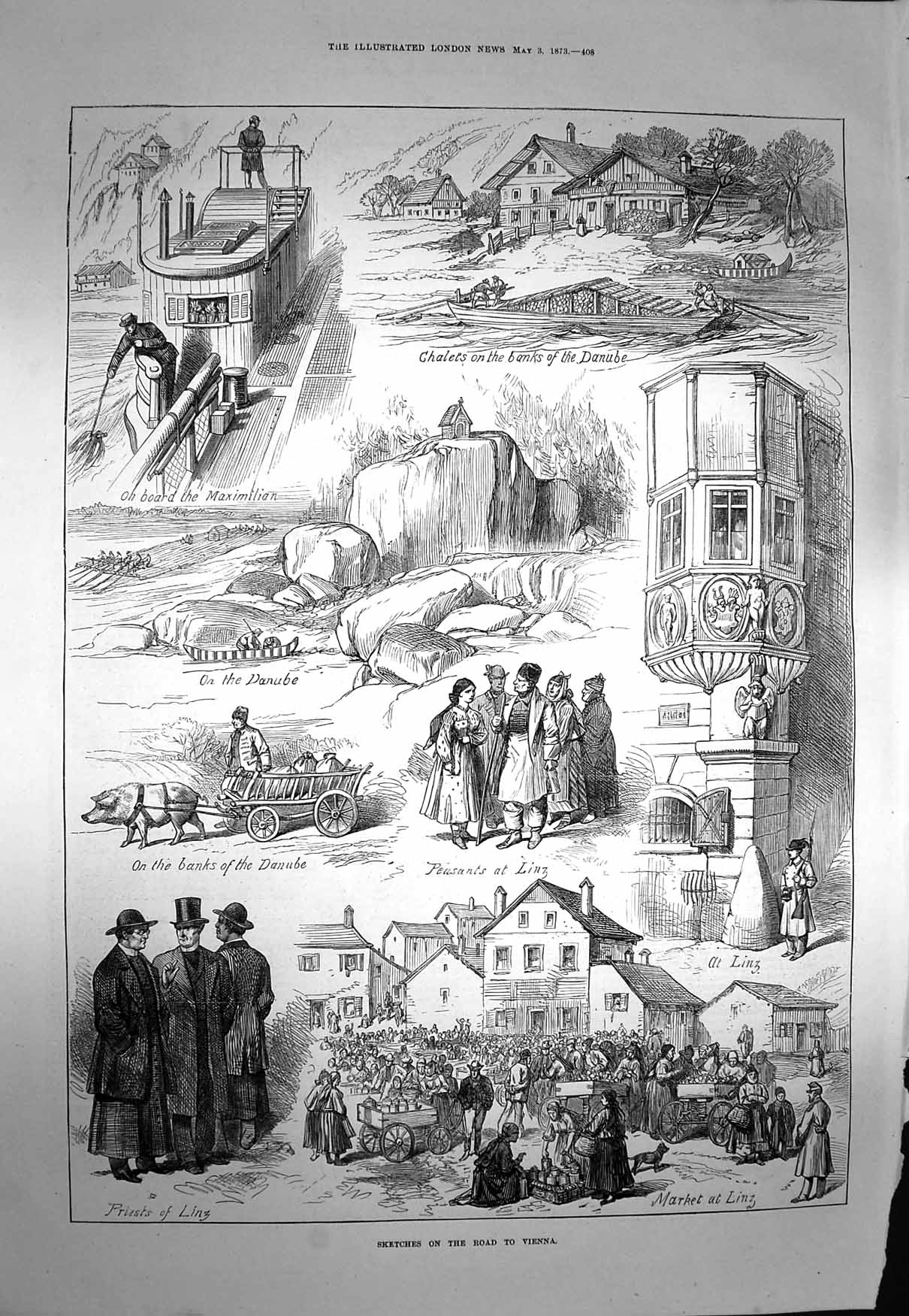 Old Antique Print 1873 Vienna Peasants Linz Priests Market River Danube 19th