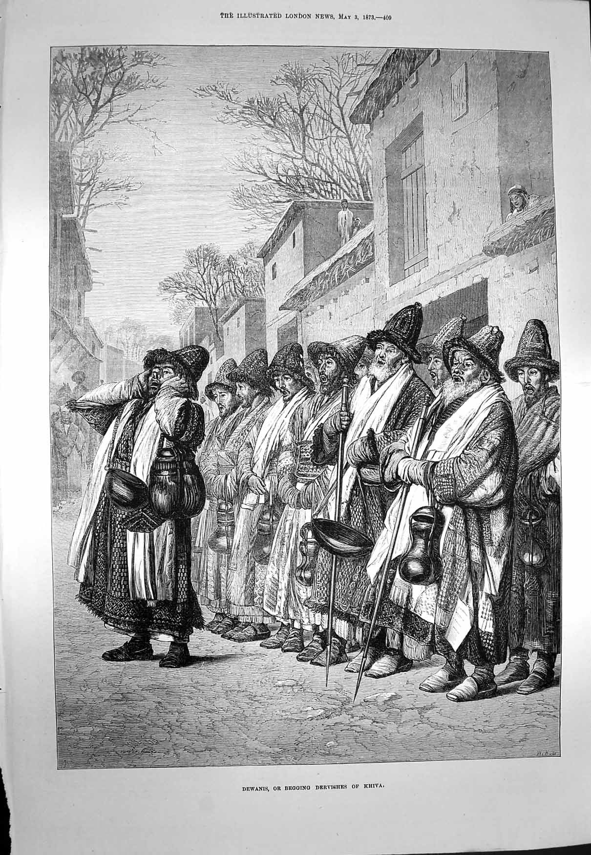 Original Old Antique Print 1873 Dewanis Begging Dervishes Khiva F 19th