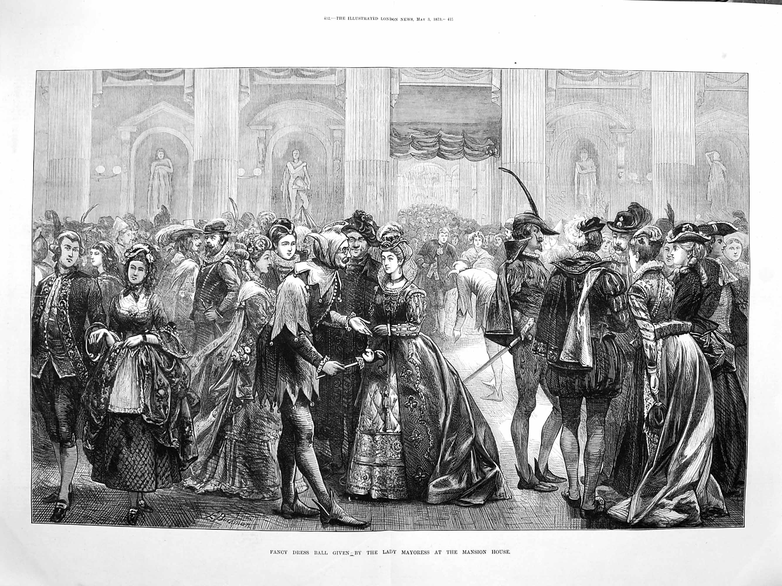 Original Old Antique Print 1873 Fancy Dress Ball Lady Mayoress Mansion House