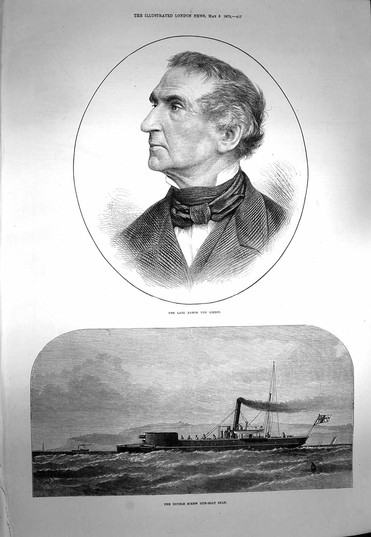 Old Antique Print 1873 Portrait Baron Von Liebig Double Screw Ship Snap 19th