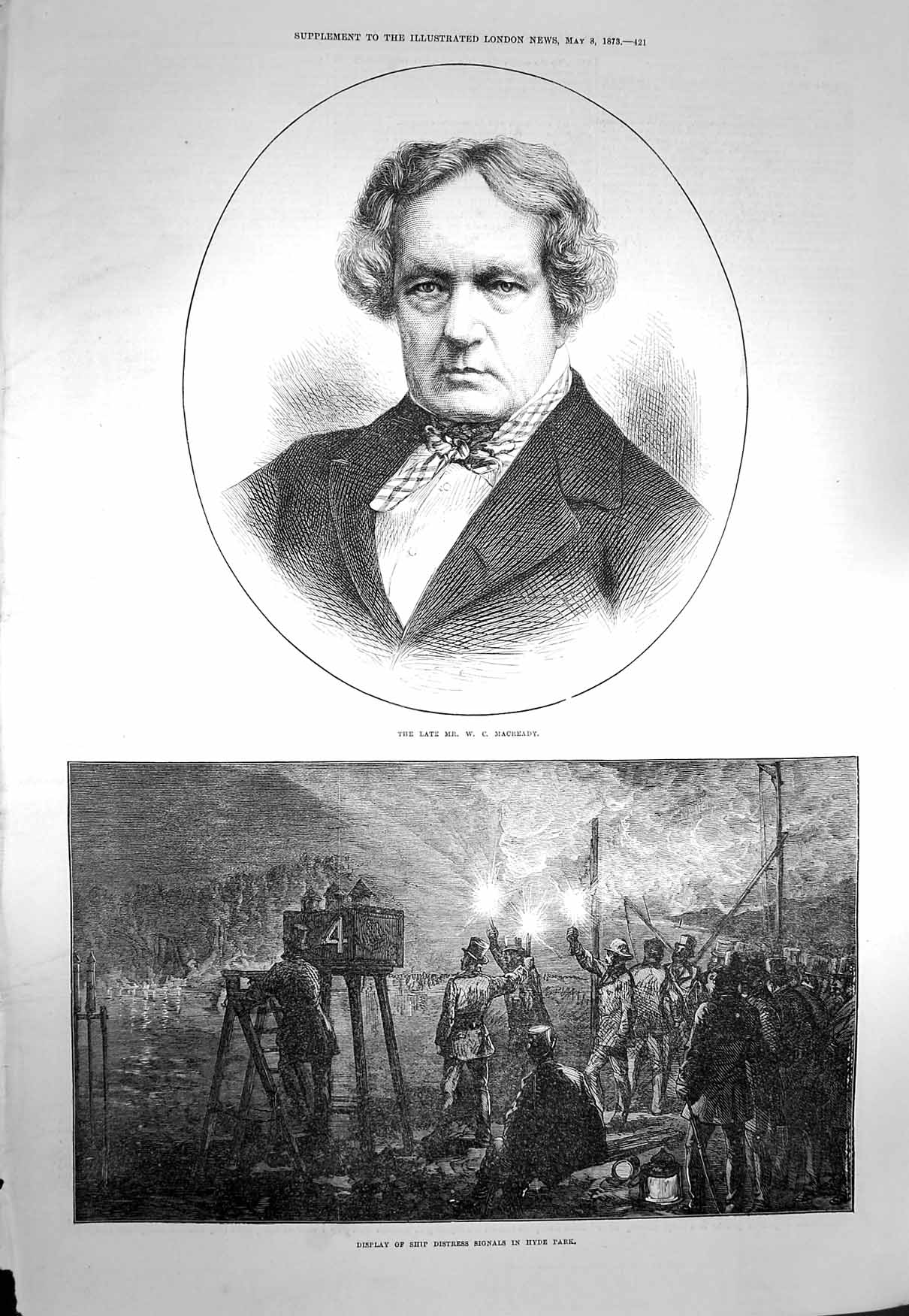 Old Antique Print 1873 Portrait Macdready Ship Distress Signals Hyde Park 19th
