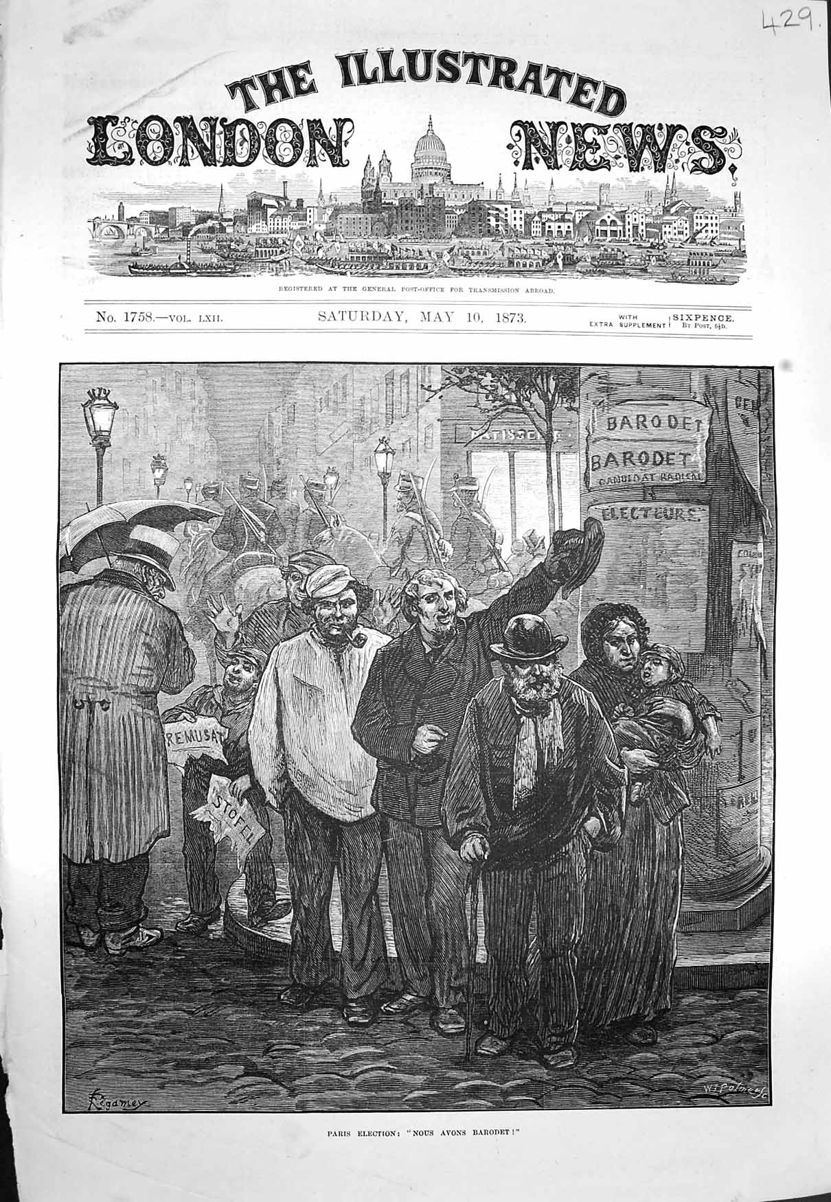 Original Old Antique Print 1873 Paris Elections France Nous Avons Barodet 19th
