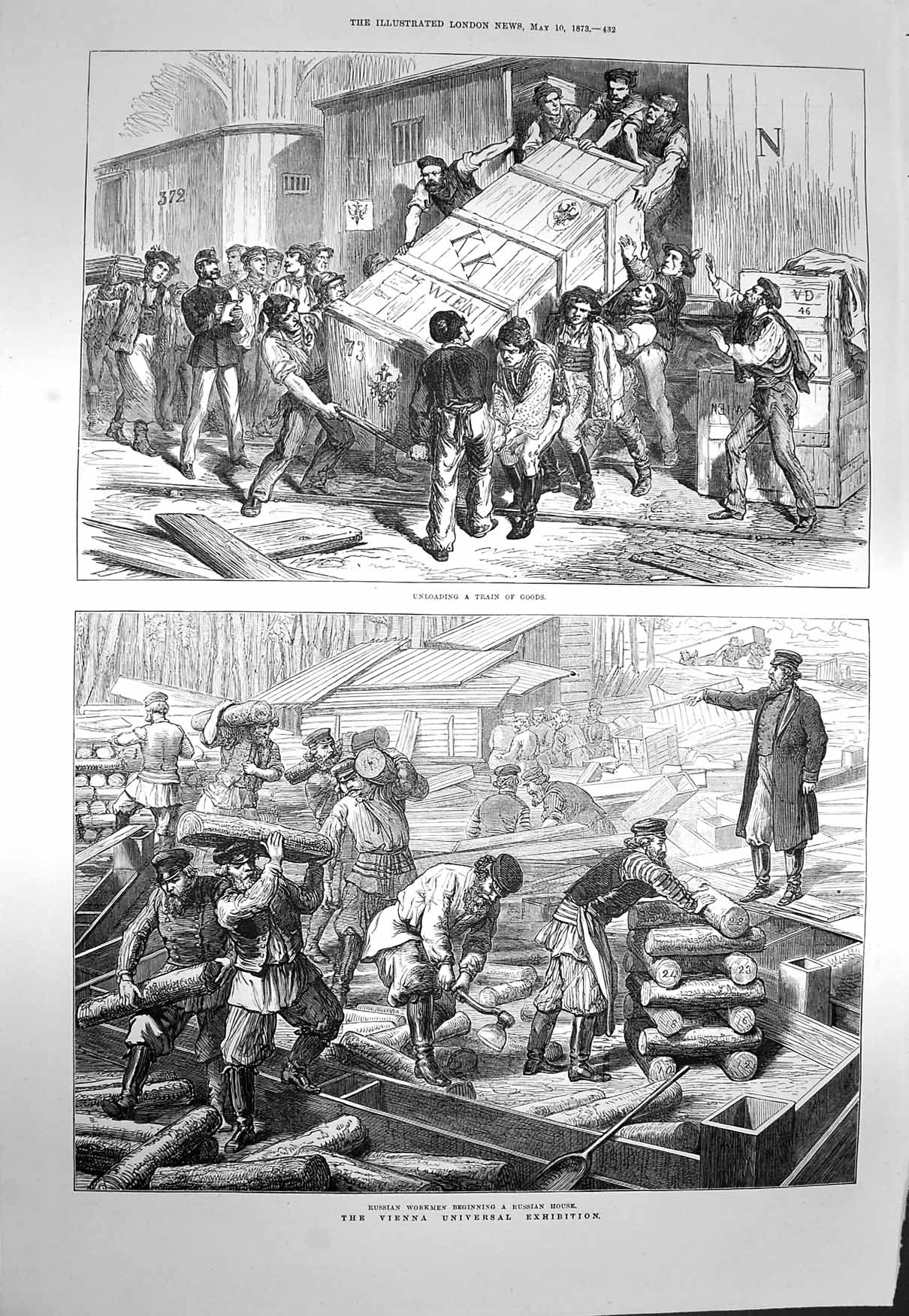 Original Old Antique Print 1873 Russian Workmen House Train Vienna Exhibition