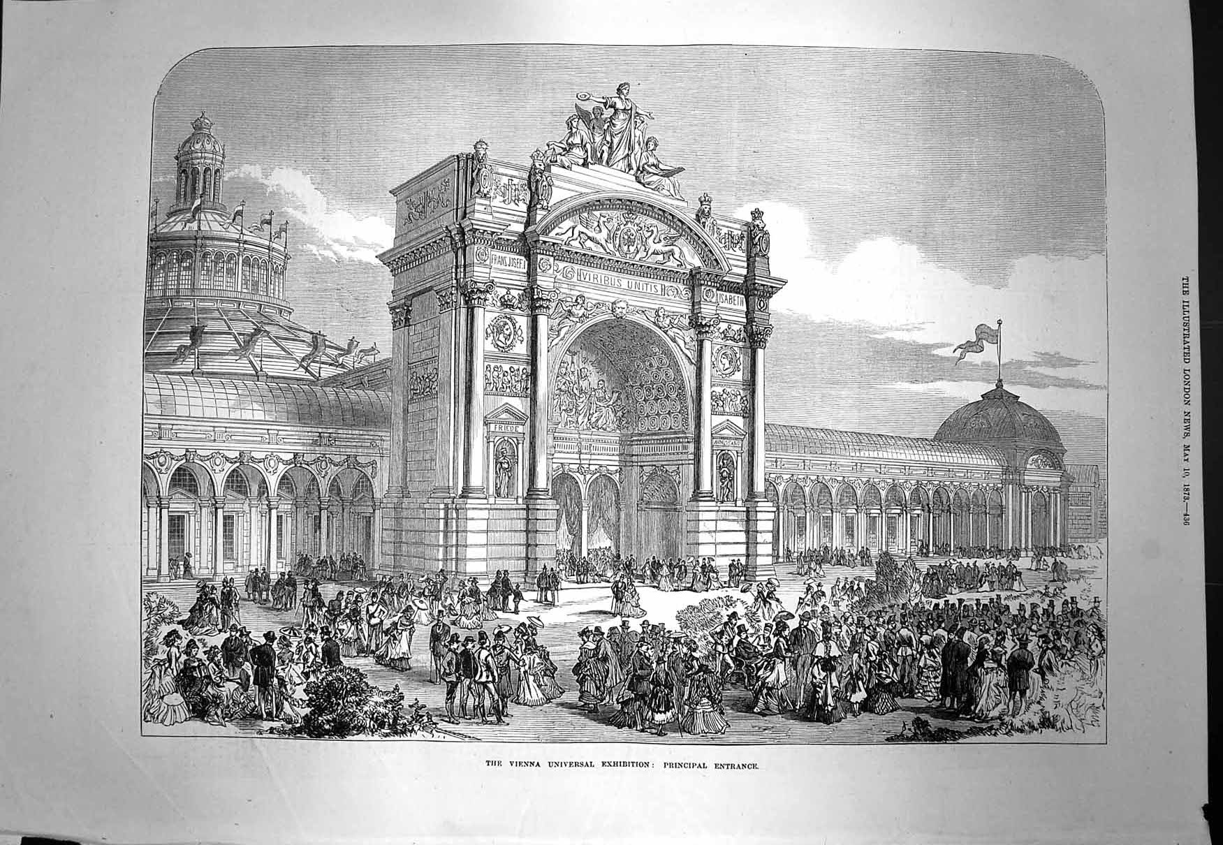 Original Old Antique Print 1873 Vienna Universal Exhibition Principal Entrance