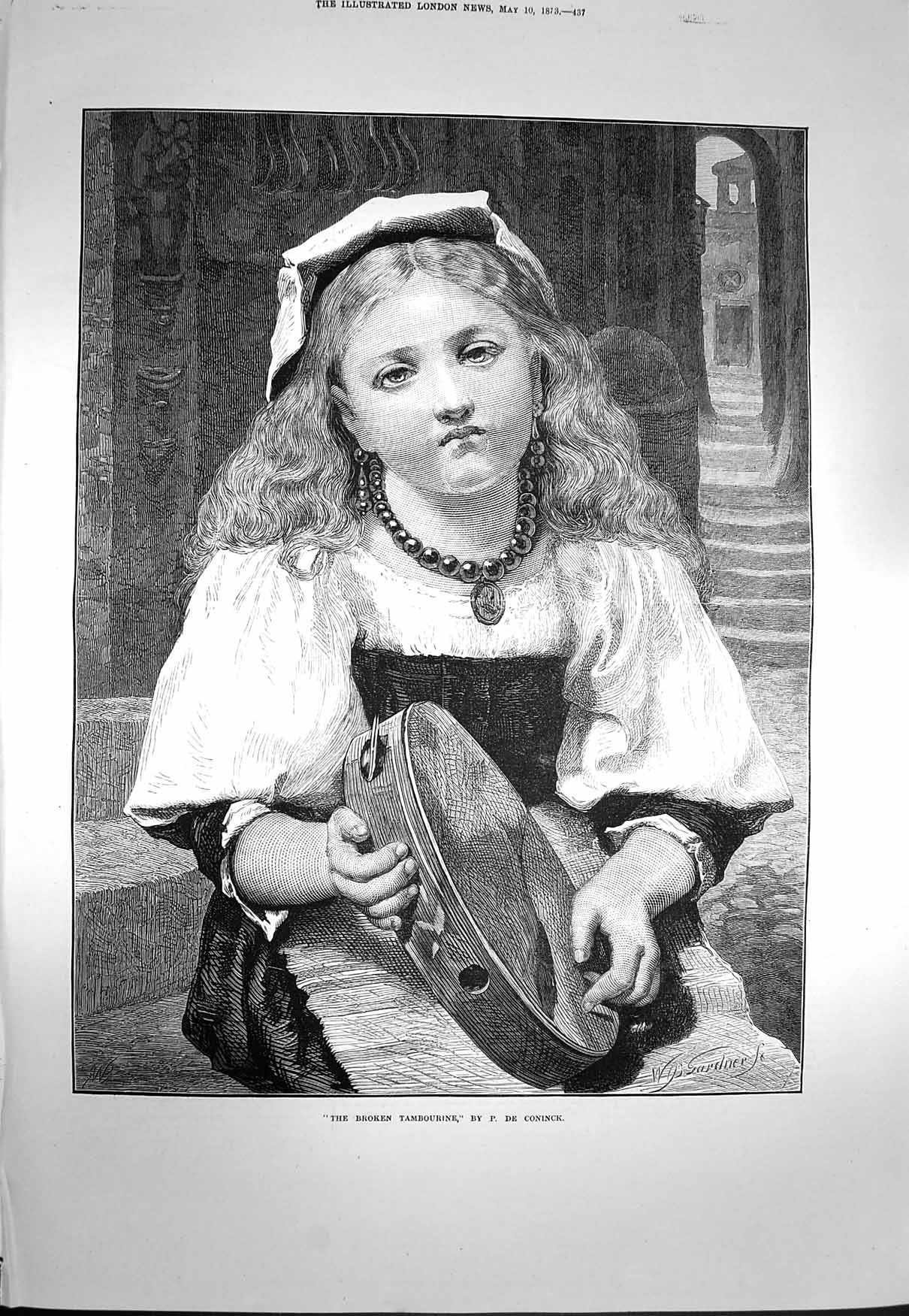 Original Old Antique Print 1873 Coninck Portrait Broken Tambourine Girl 19th