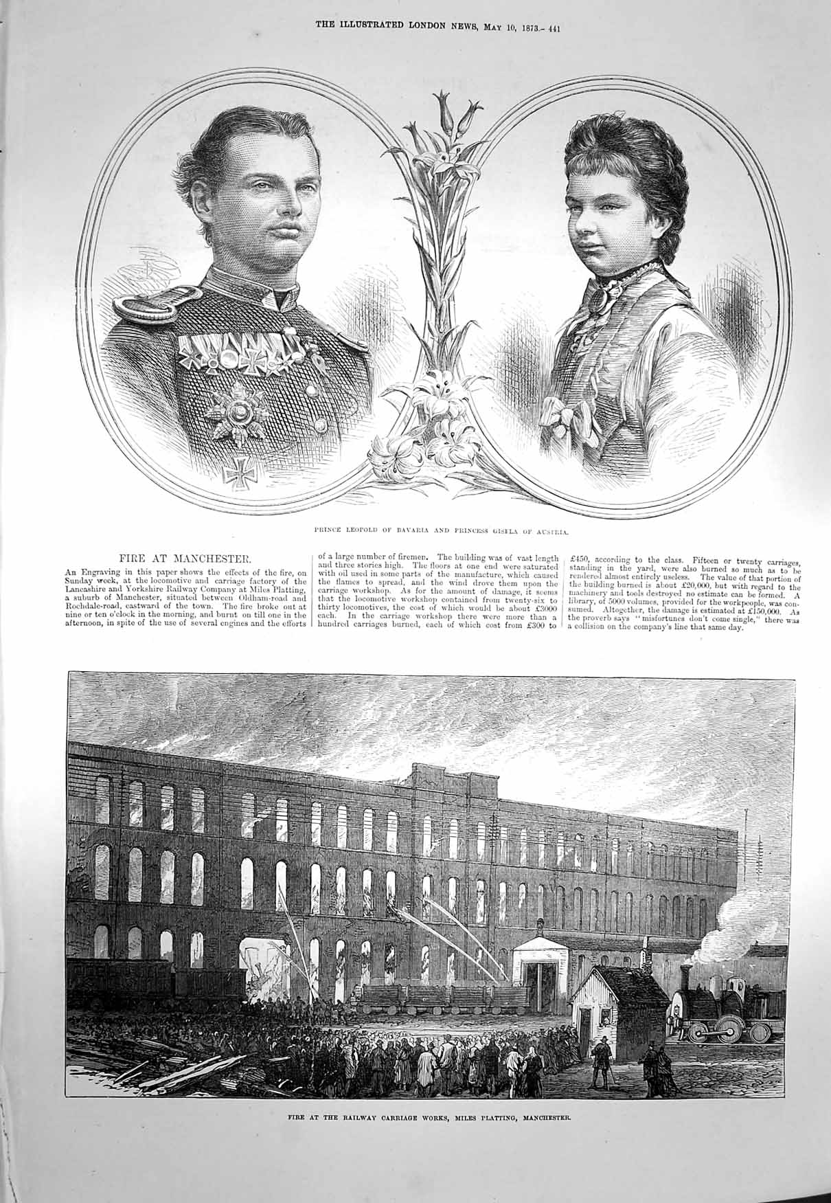 Original Old Antique Print 1873 Prince LeopBavaria Gisela Railway Manchester