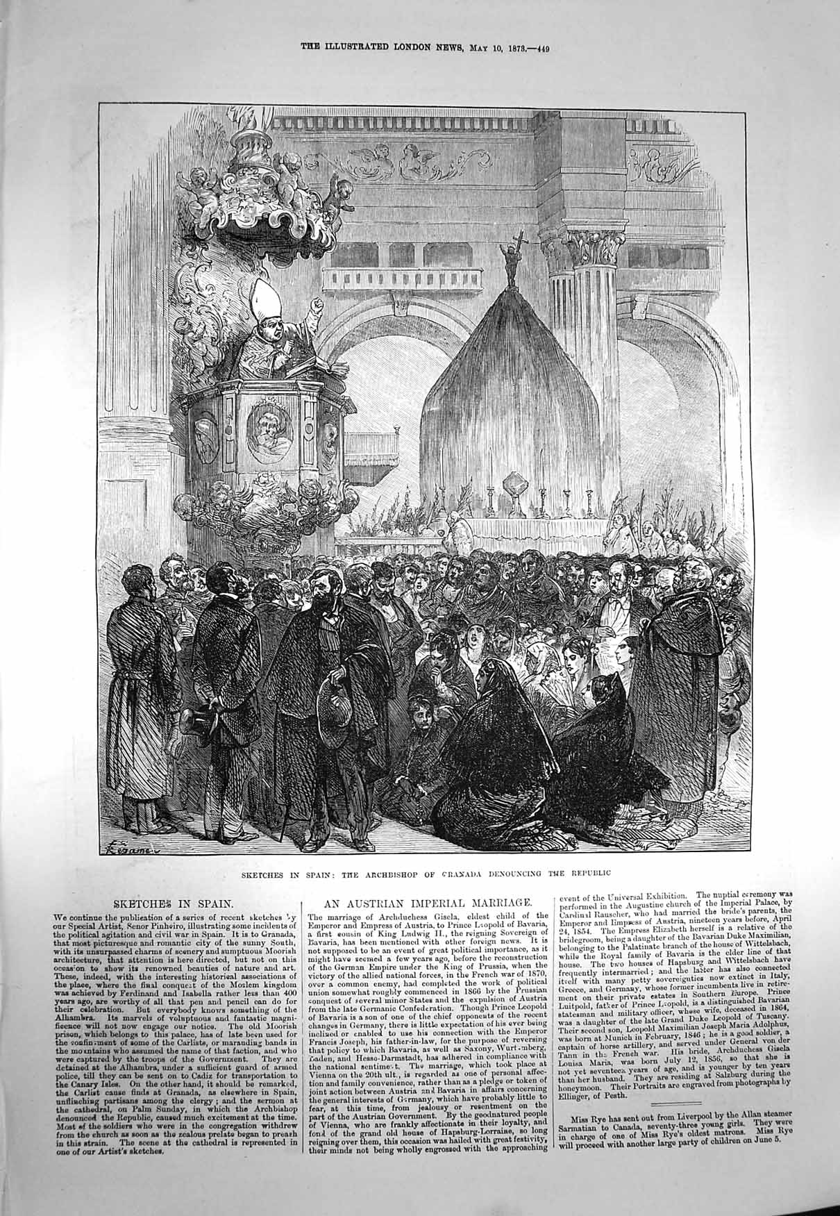 Original Old Antique Print 1873 Spain Archbishop Granada Denouncing Republic