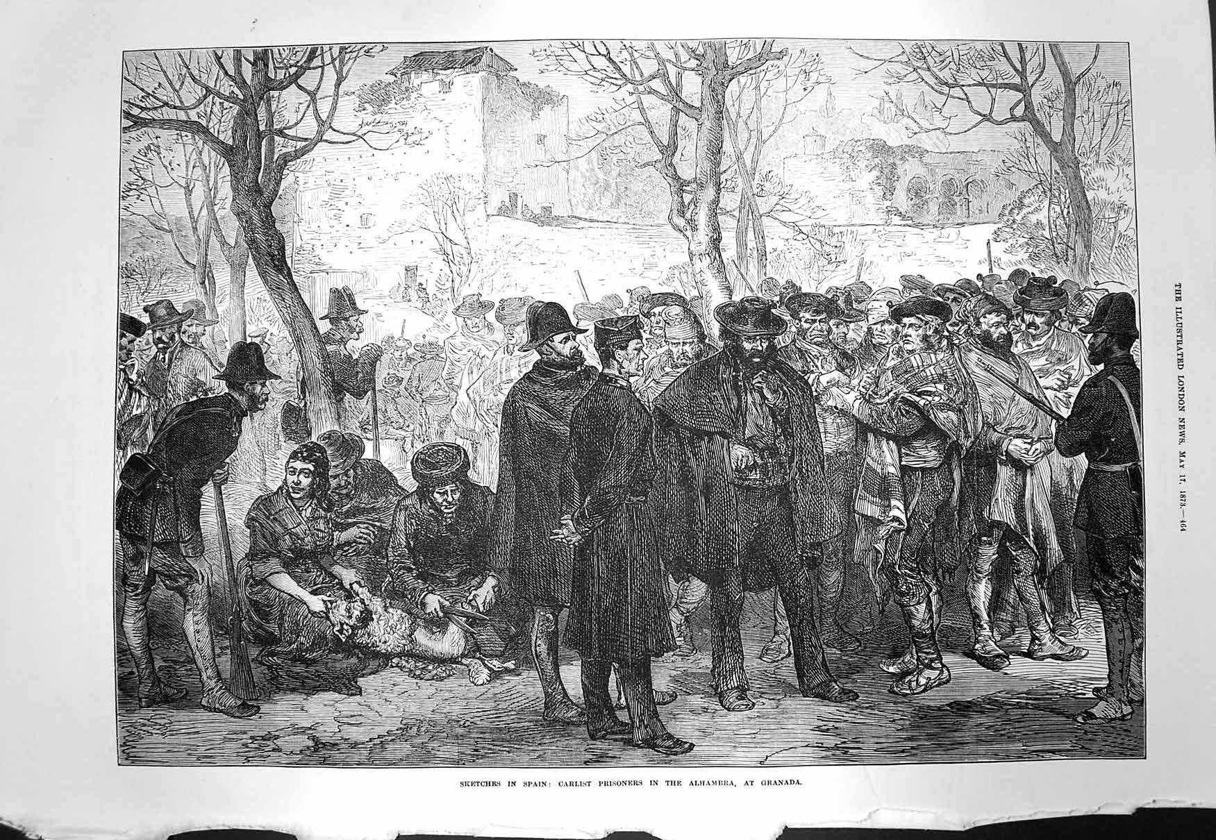 Original Old Antique Print 1873 Scene Spain Carlist Prisoners Alhambra Granada