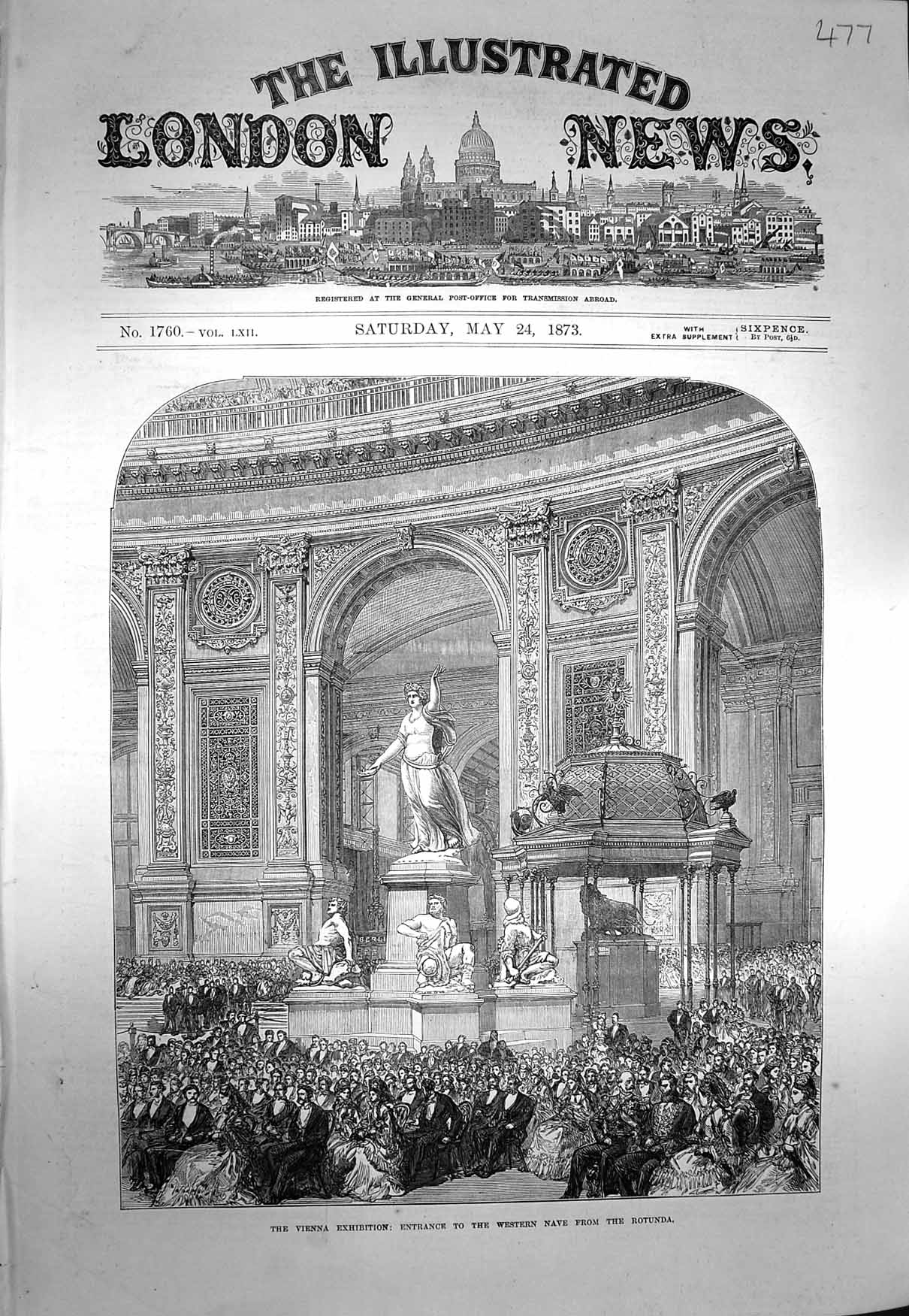 Original Old Antique Print 1873 Vienna Exhibition Entrance Western Nave Rotunda