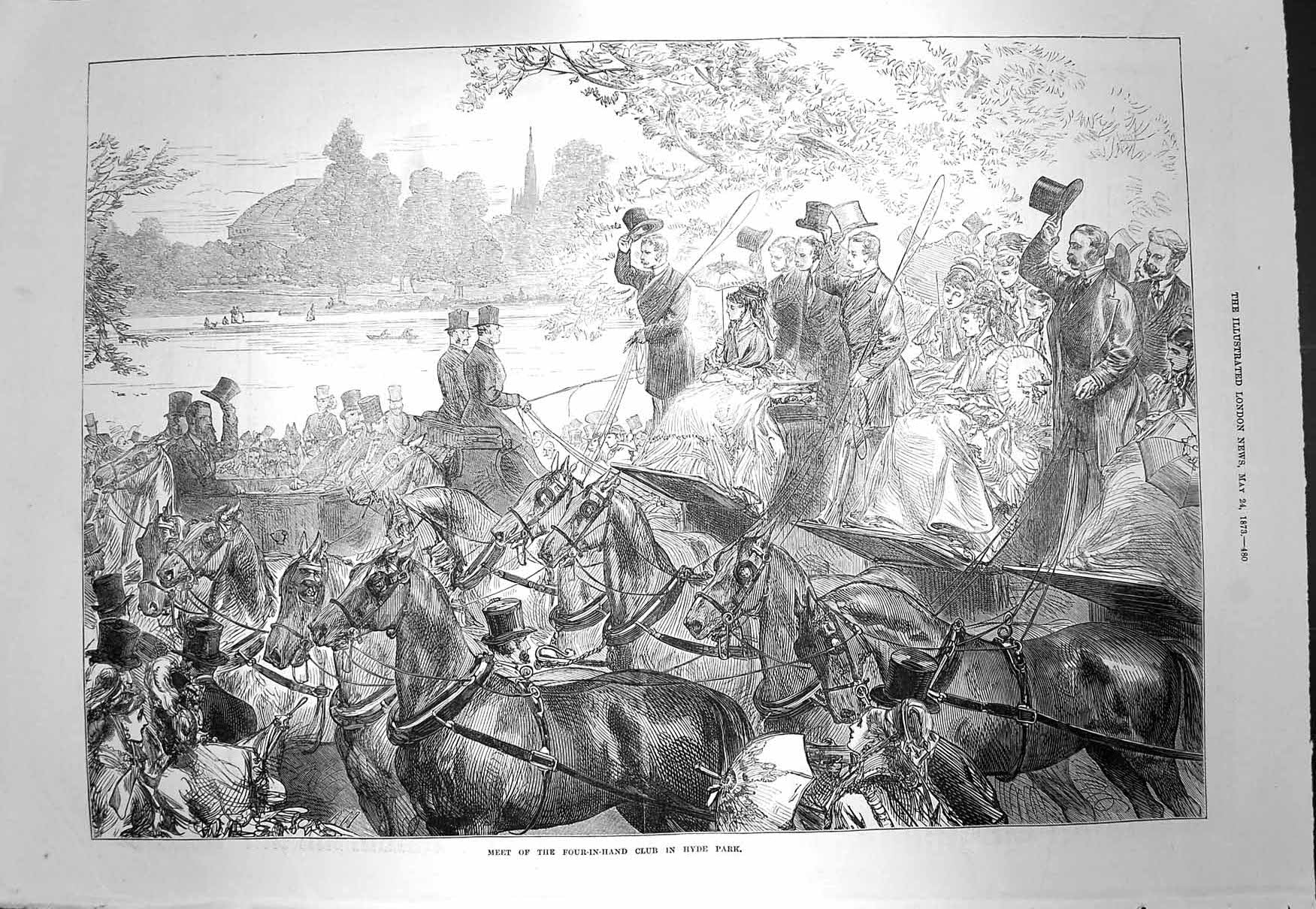Original Old Antique Print 1873 Meet Four-In-Hand Club Hyde Park Horses Coach