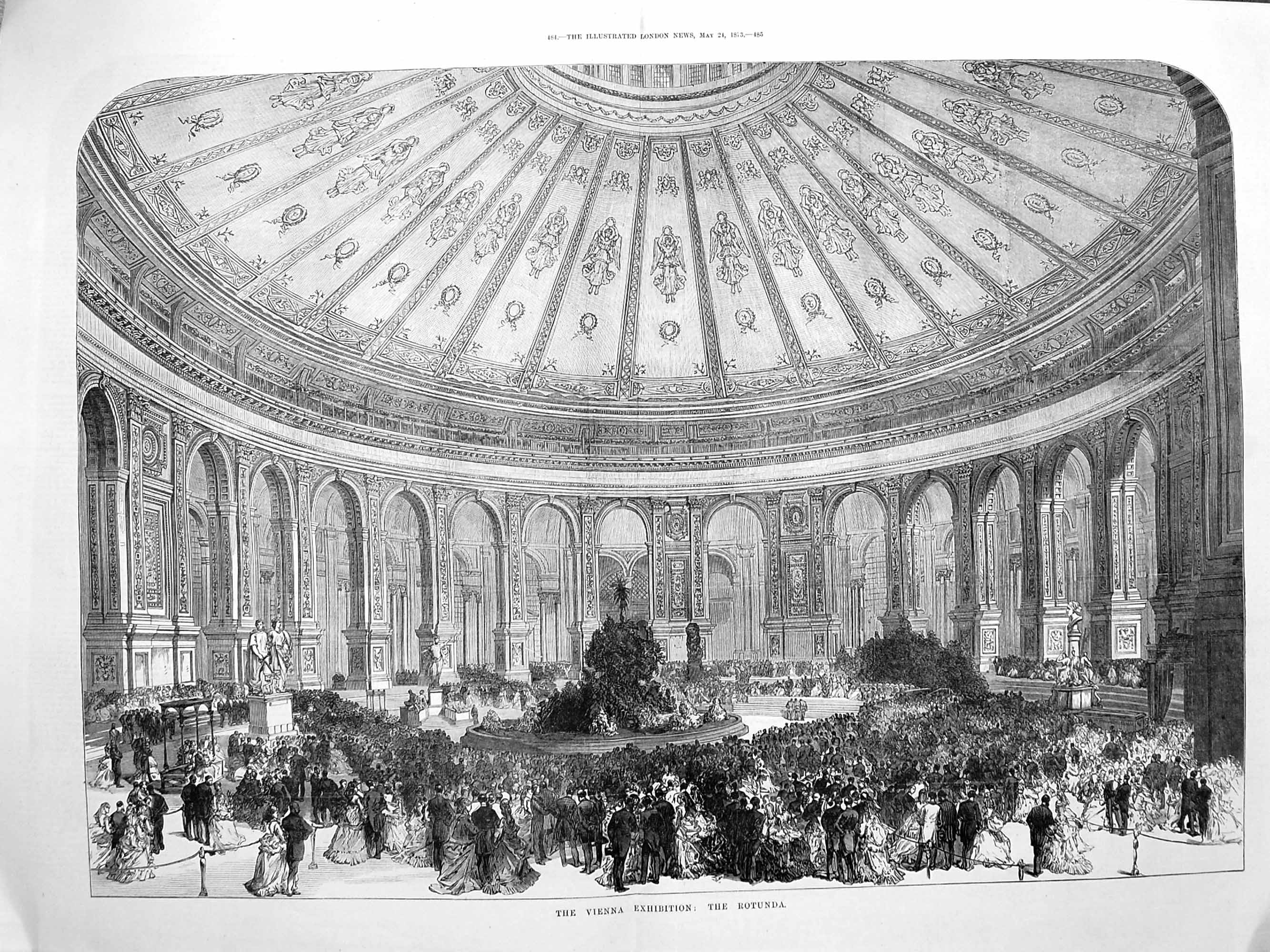 Original Old Antique Print 1873 Vienna Exhibition Rotunda Architecture People