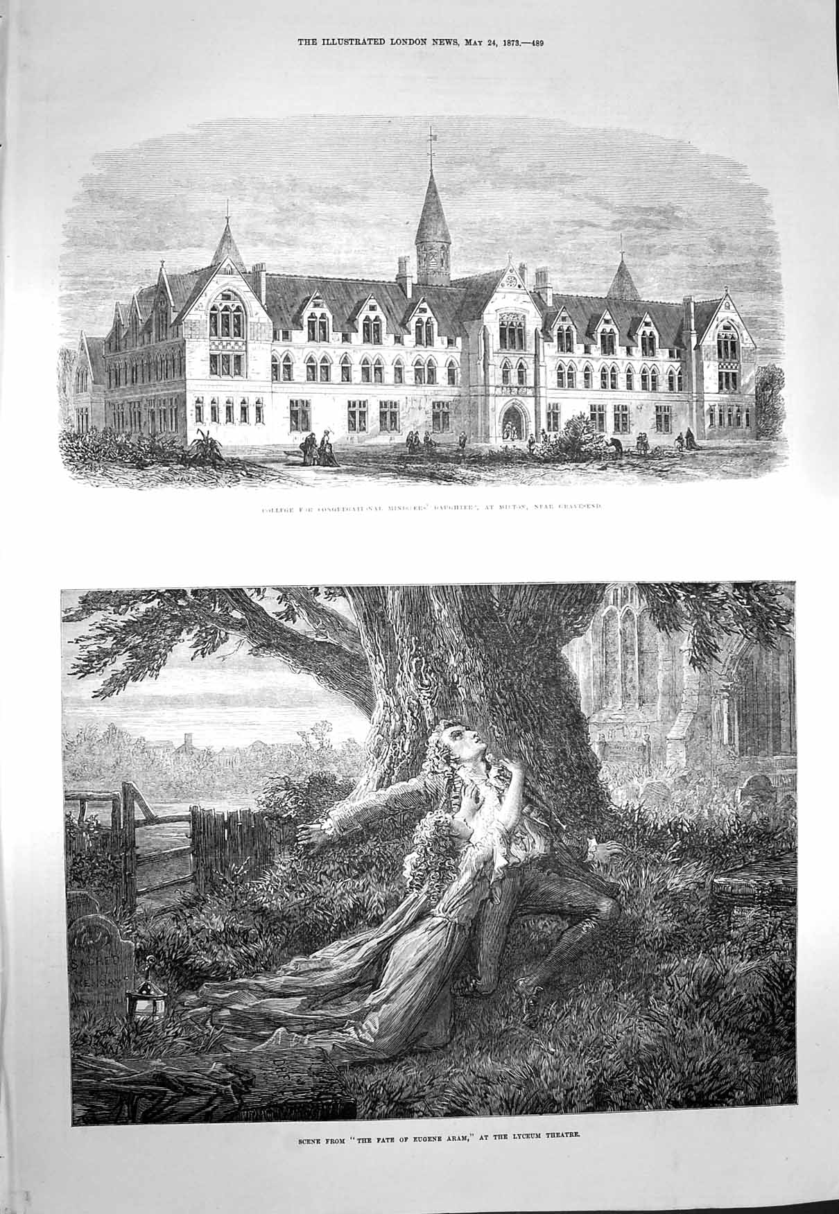 Old Antique Print 1873 College Ministers Daughter Milton Lyceum Theatre 19th