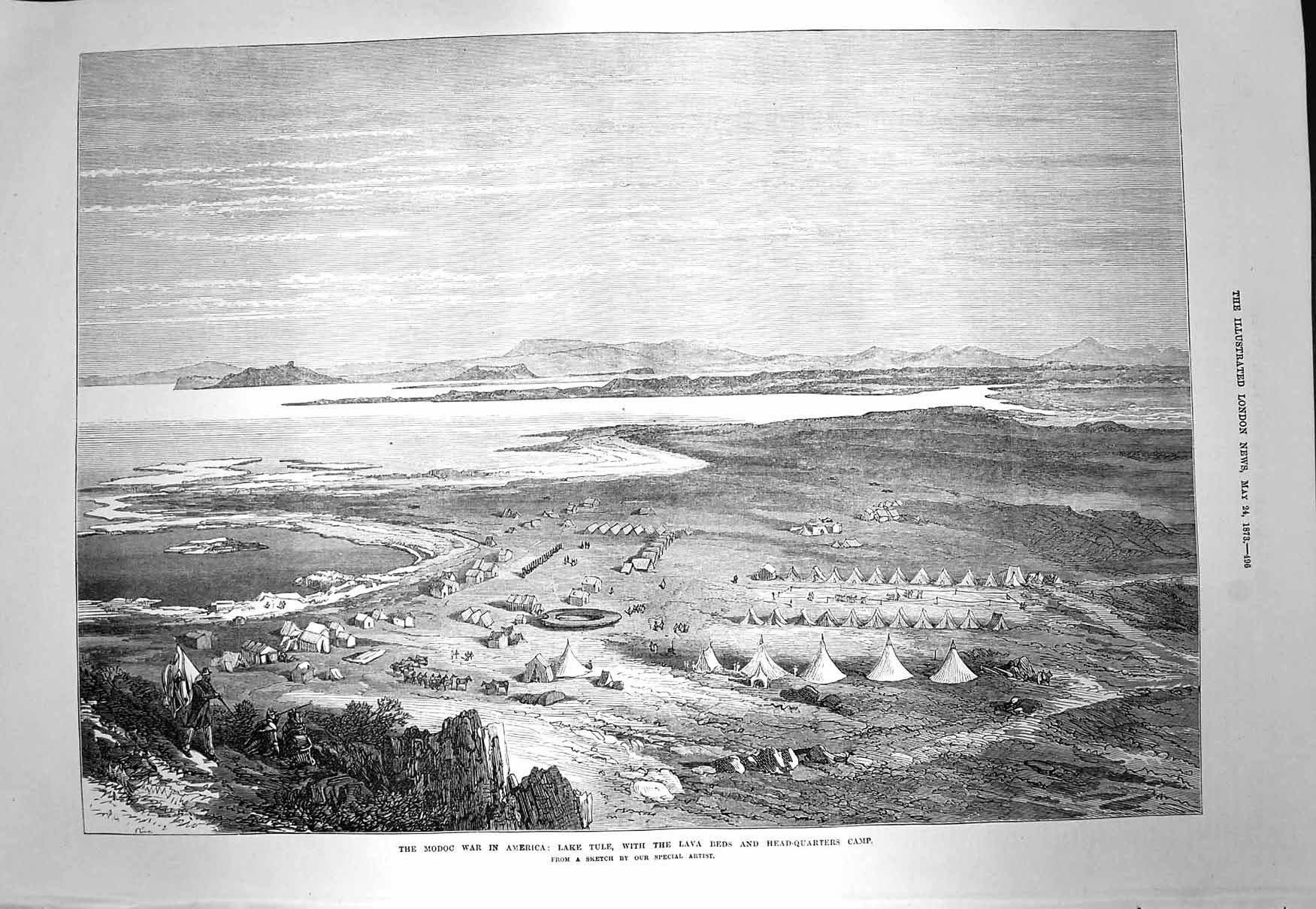 Old Antique Print 1873 Modoc War America Lake Tule Lava Beds Camp Tents 19th