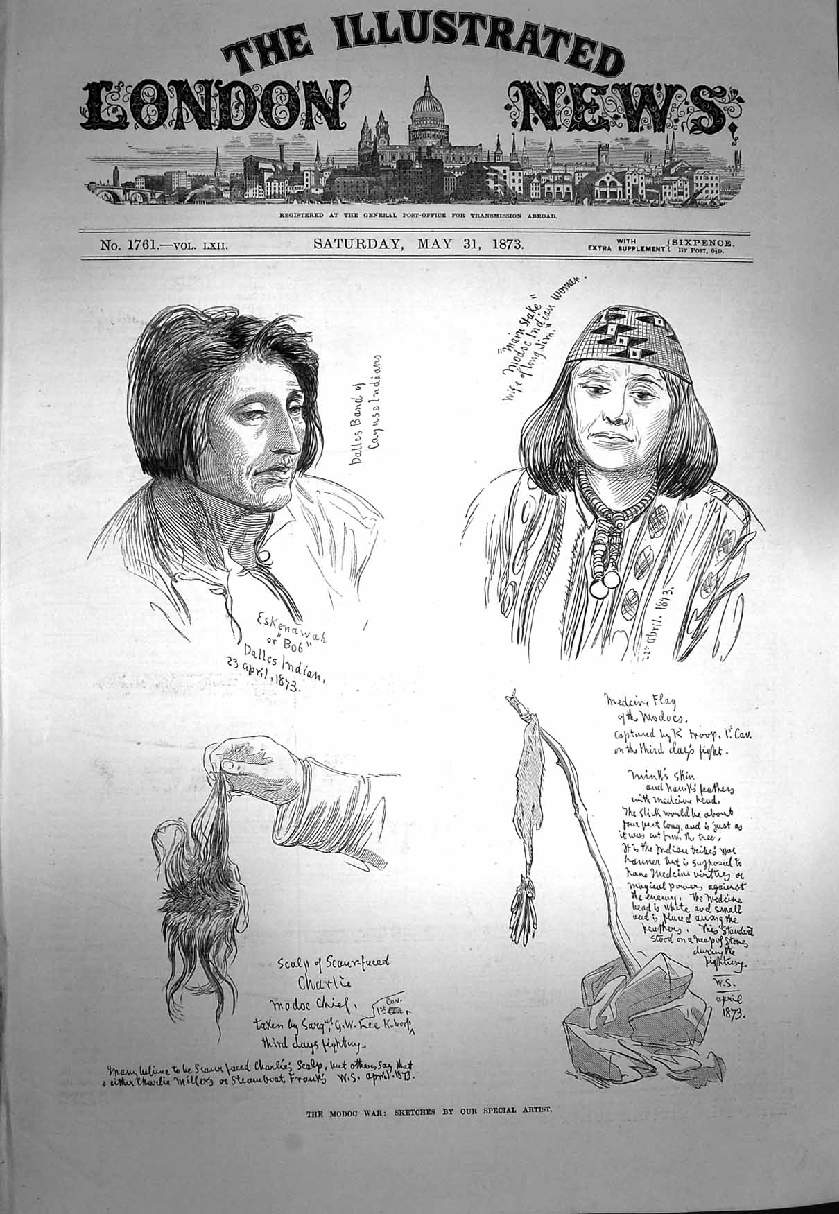 Old Antique Print 1873 Modoc War Scalp Scarfaced Charlie Eskenawah Flag 19th
