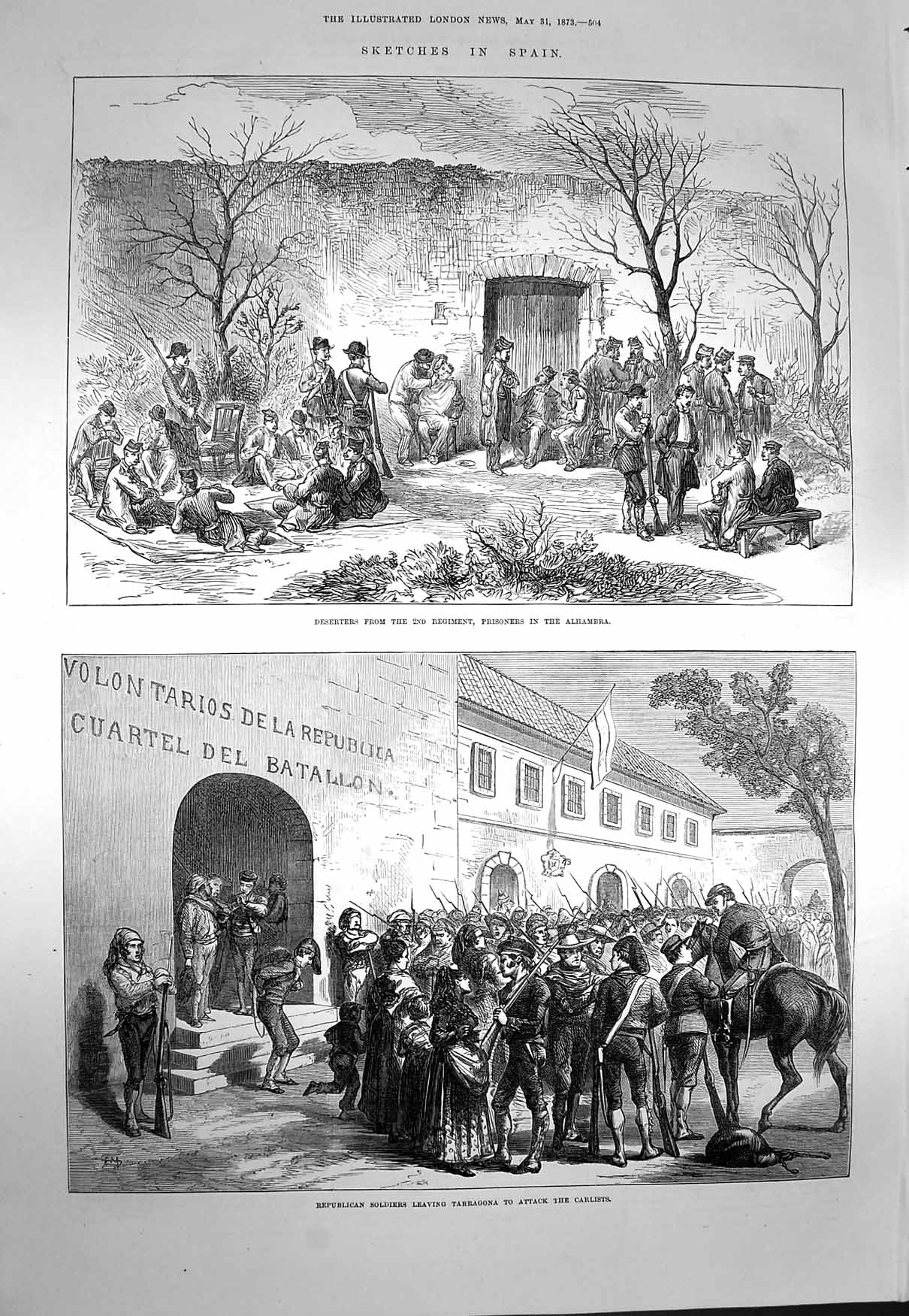 Original Old Antique Print 1873 Spain Prisoners Alhambra Siers Tarragona 19th