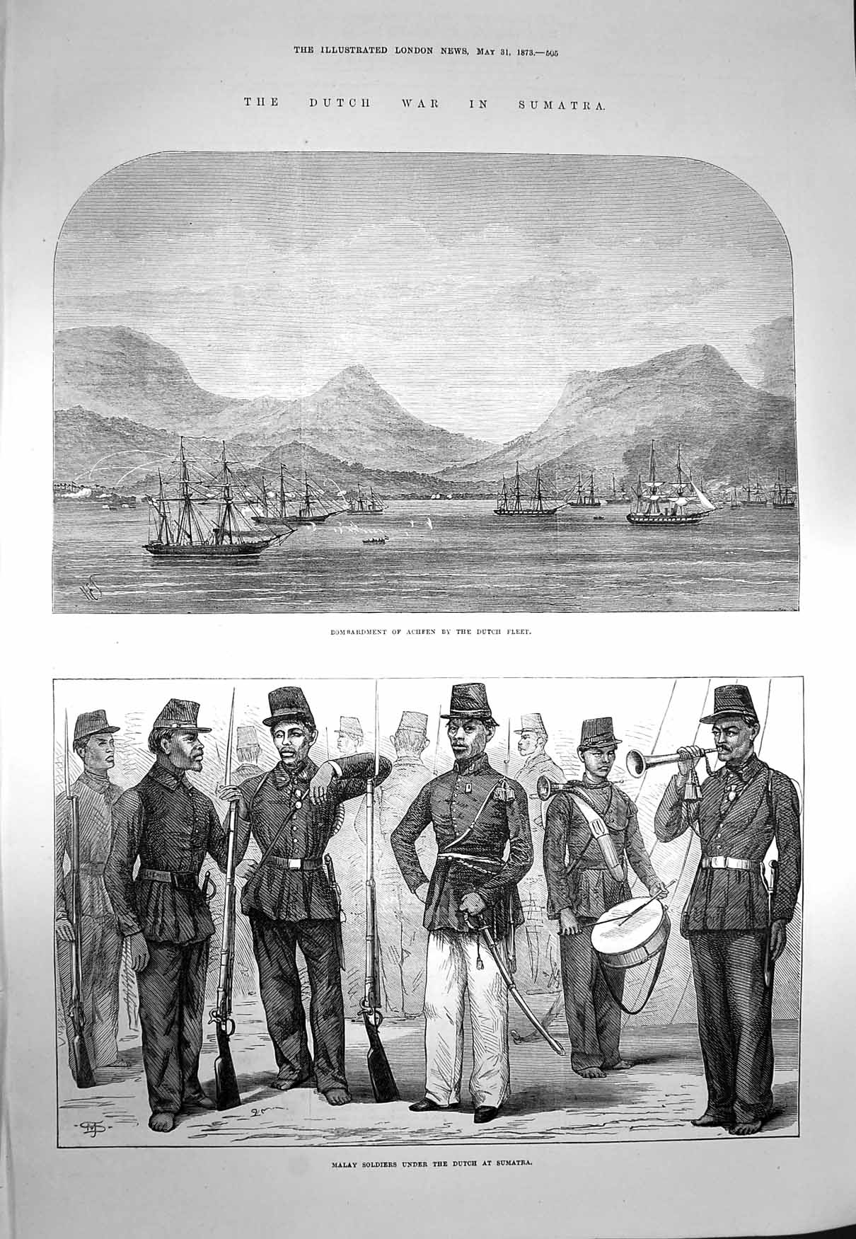 Original Old Antique Print 1873 Dutch War Sumatra Malay Siers Achee Victorian