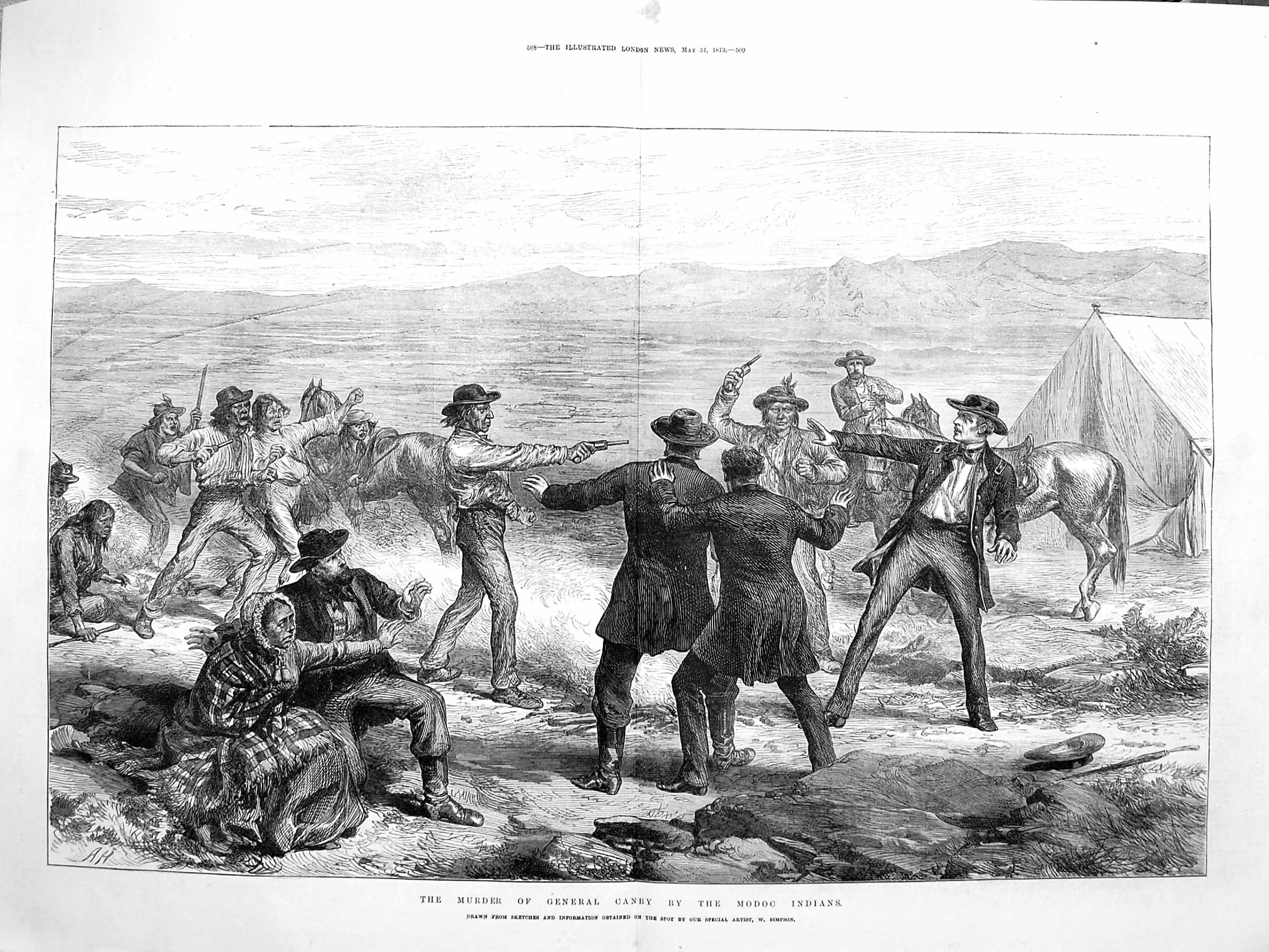 Original Old Antique Print 1873 Scene Murder General Canby Modoc Indians 19th