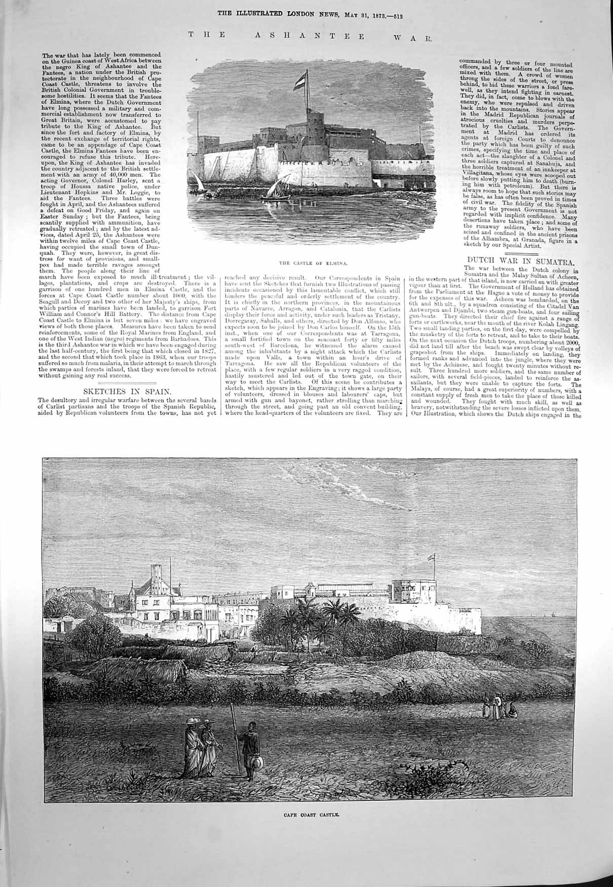 Original Old Antique Print 1873 Castle Elmina Ashantee War Cape Coast Castle