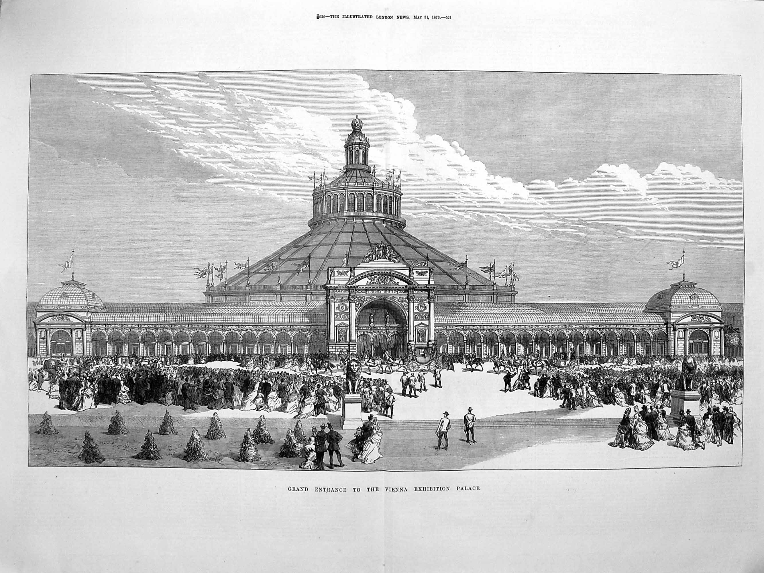 Old Antique Print 1873 Grand Entrance Vienna Exhibition Palace Building 19th