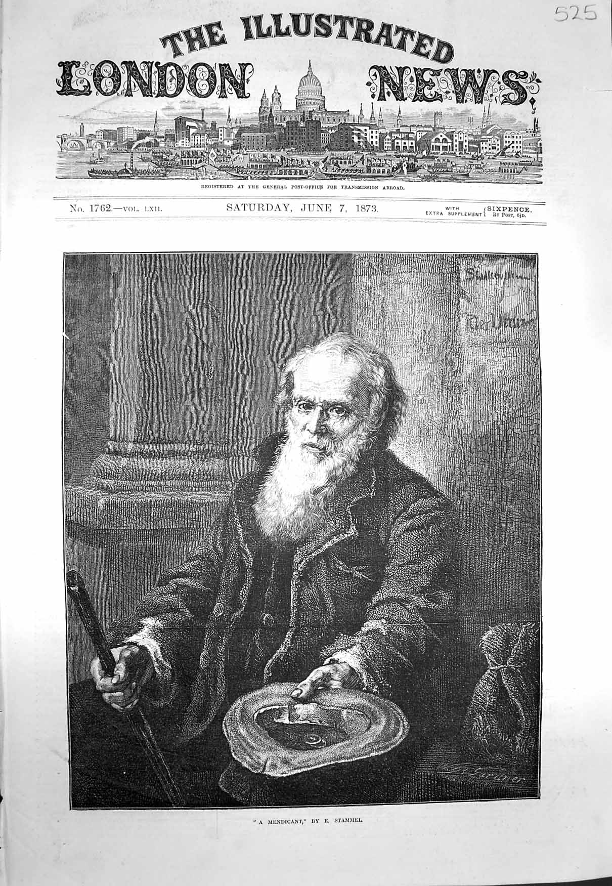 Original Old Antique Print 1873 Stammel Fine Art Portrait Mendicant Hat Stick