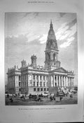 Original Old Antique Print 1873 Townhall Bolton Lancashire England Archi 19th