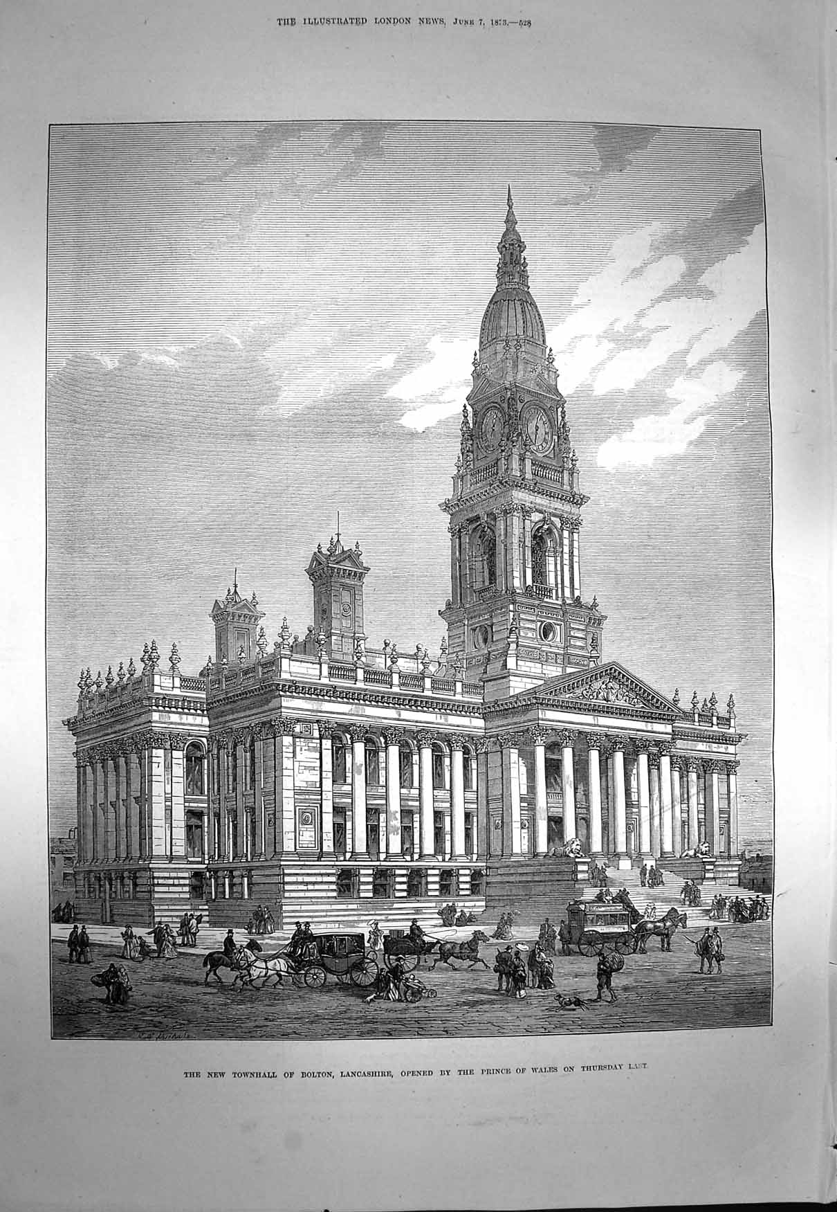 Original Old Antique Print 1873 Townhall Bolton Lancashire England Archi 19th
