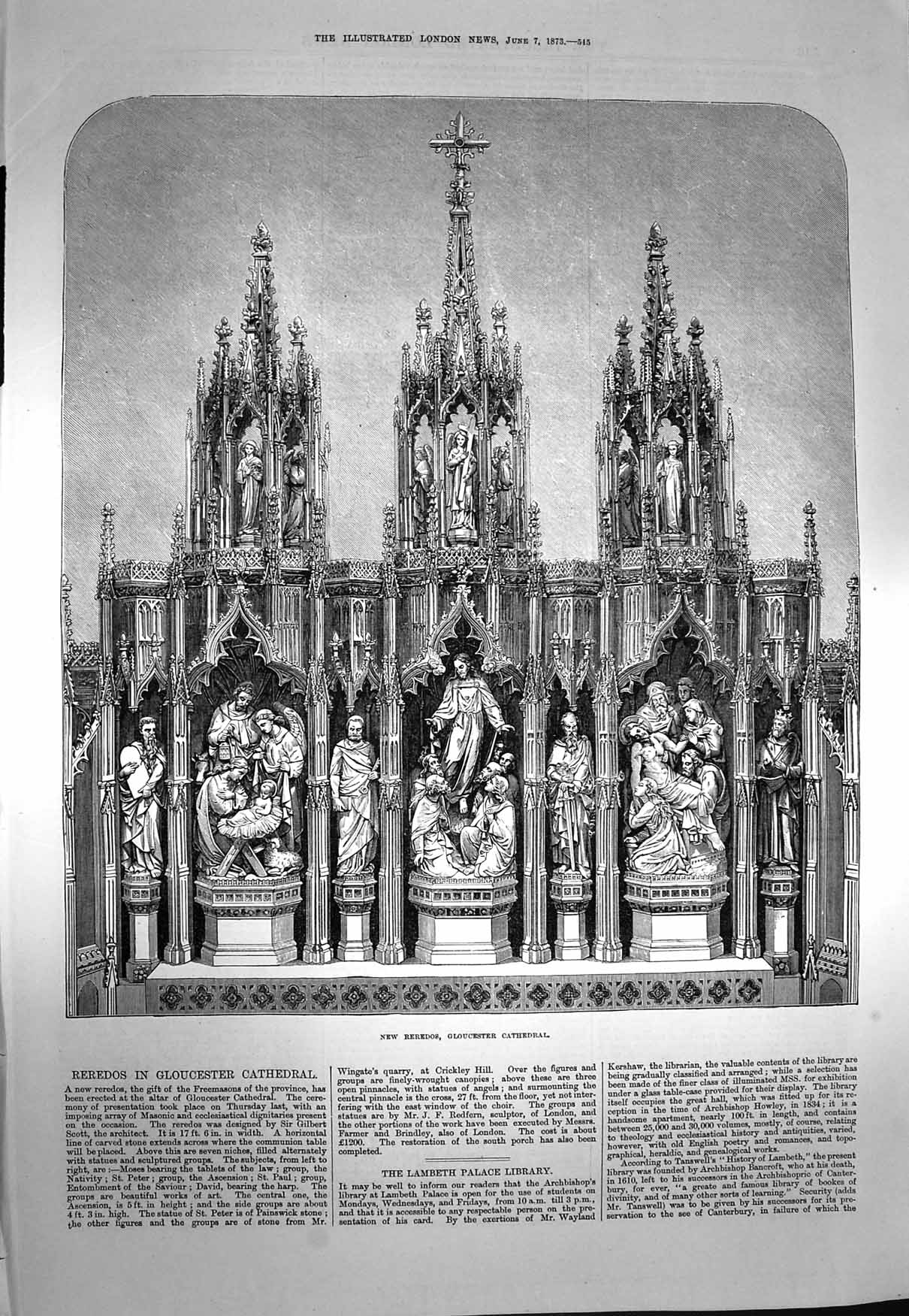 Original Old Antique Print 1873 New Reredos Gloucester Cathedral Freemasons