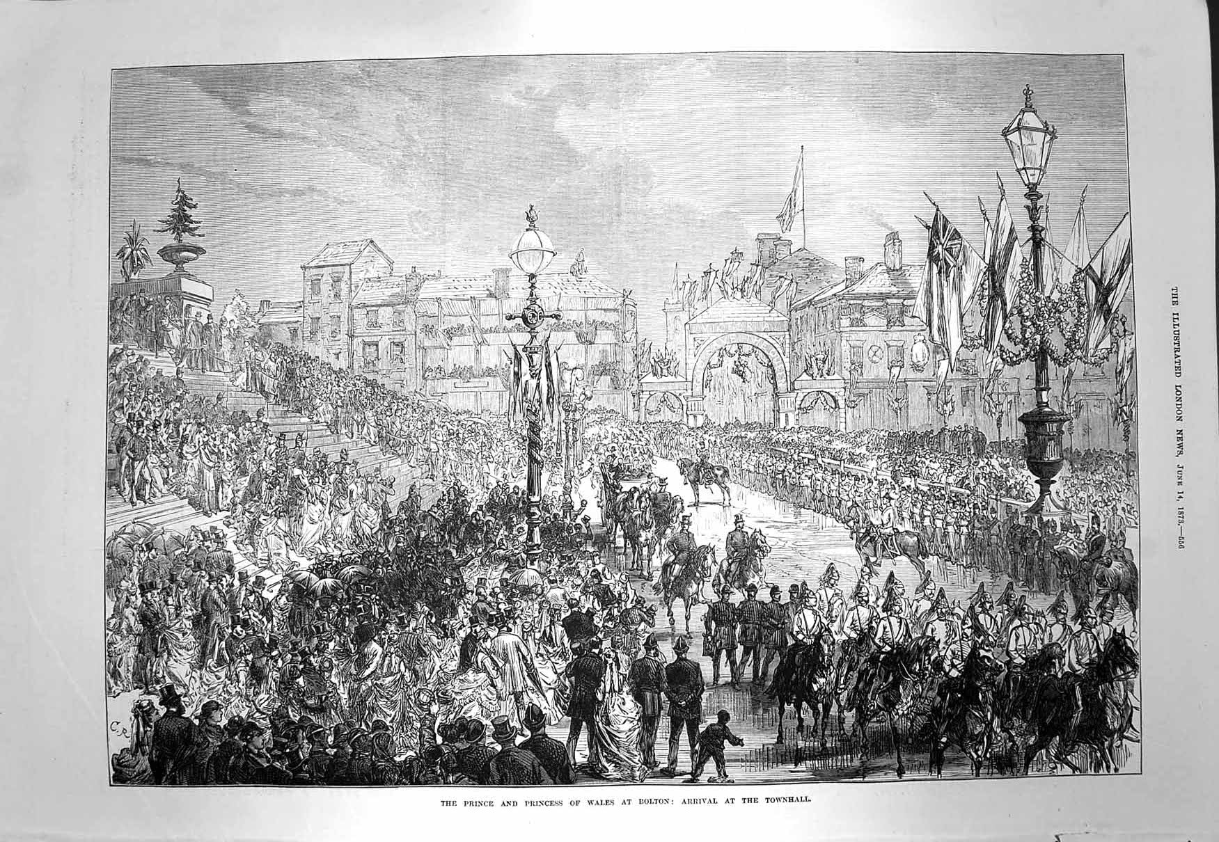 Original Old Antique Print 1873 Prince Princess Wales Bolton Townhall England