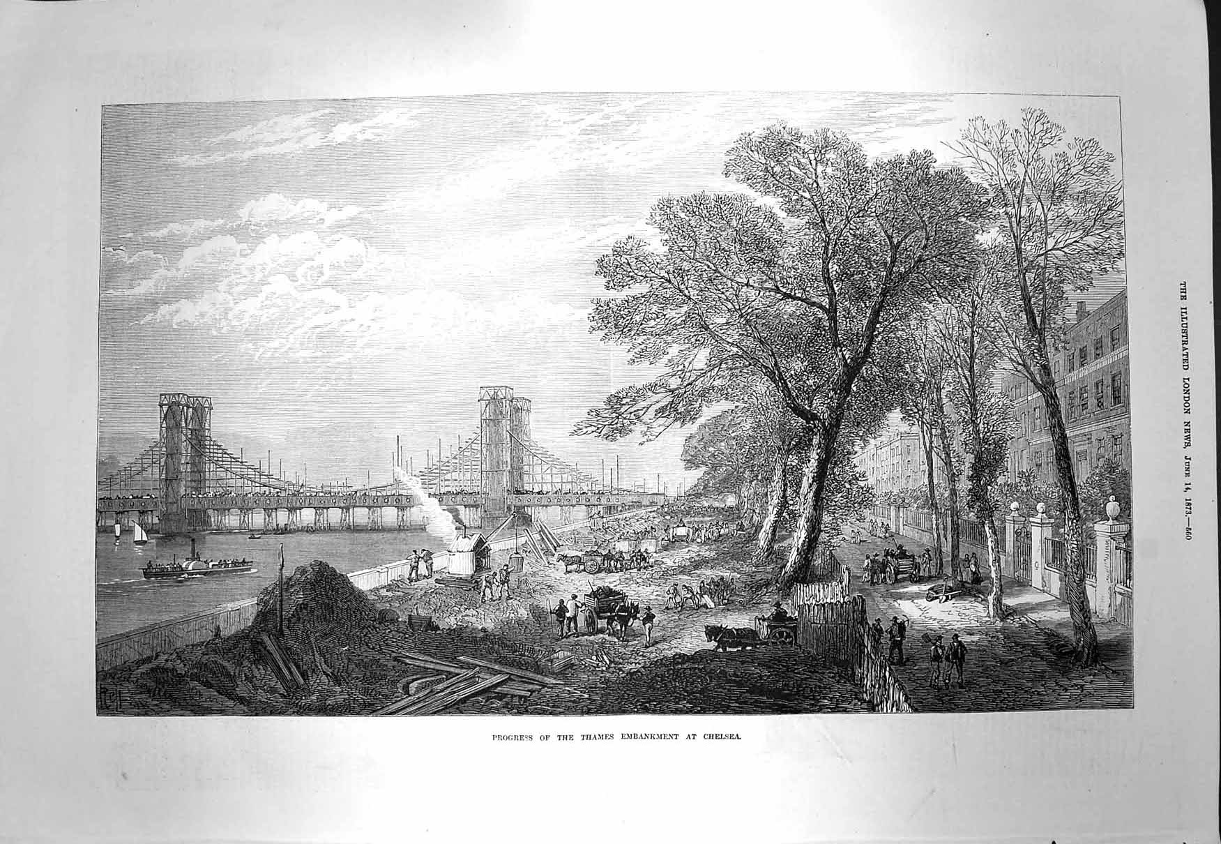 Original Old Antique Print 1873 Progress Thames Embankment Chelsea River Thames
