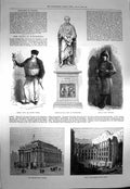 Original Old Antique Print 1873 Theatre Malta Fire Statue Peel Madrid Seller