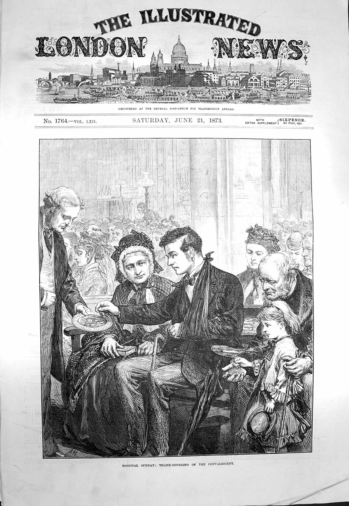 Original Old Antique Print 1873 Hospital Sunday Thank-Offering Convalescent Man