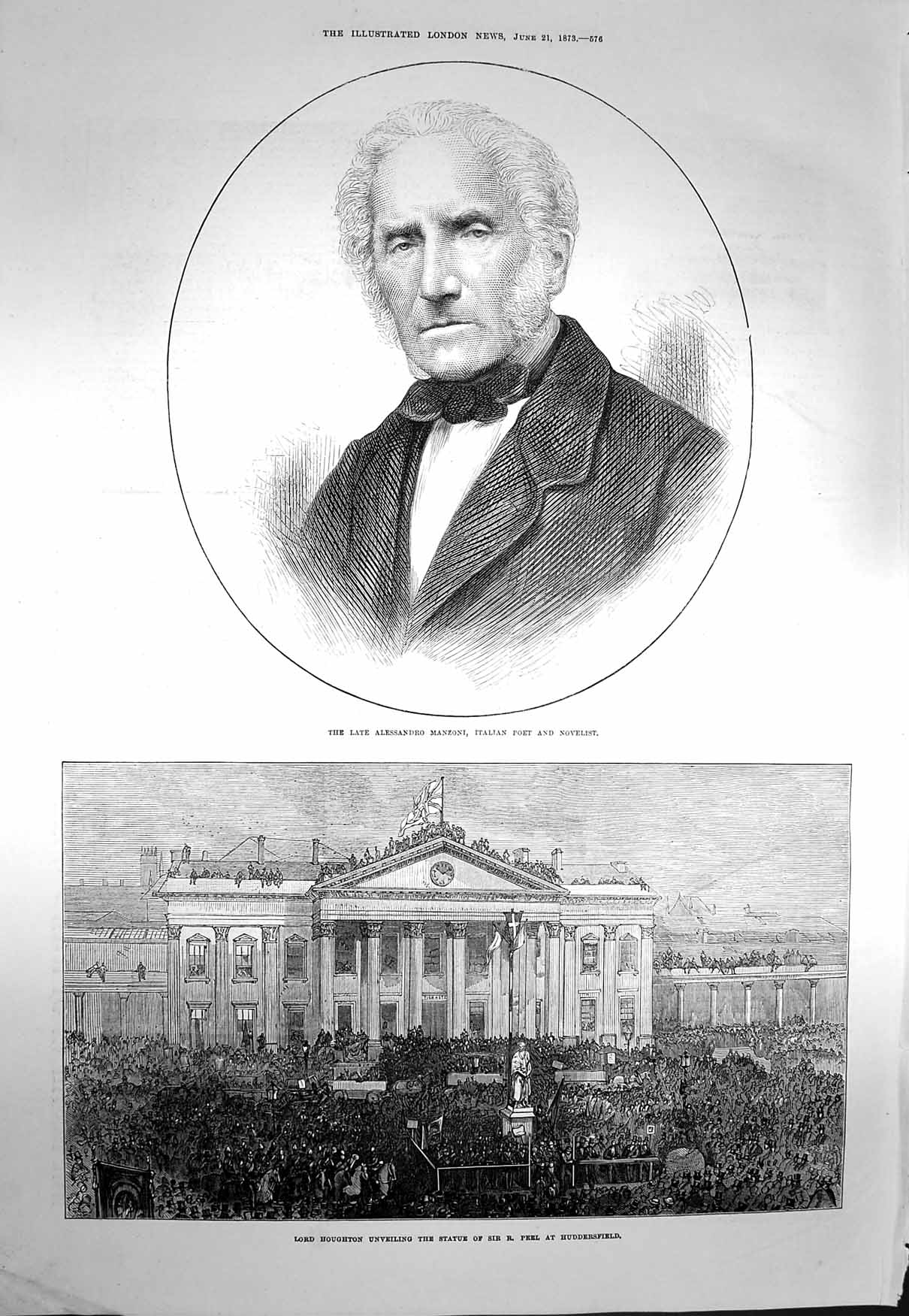 Old Antique Print 1873 Alessandro Manzoni Poet Lord Houghton Peel Statue 19th