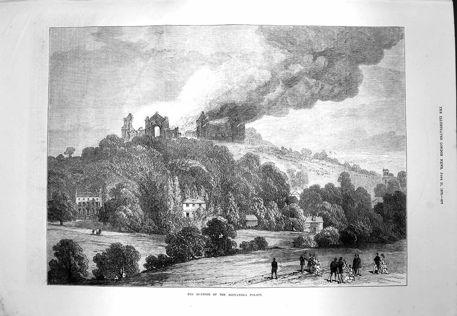 Original Old Antique Print 1873 Burning Alexandra Palace Fire F 19th