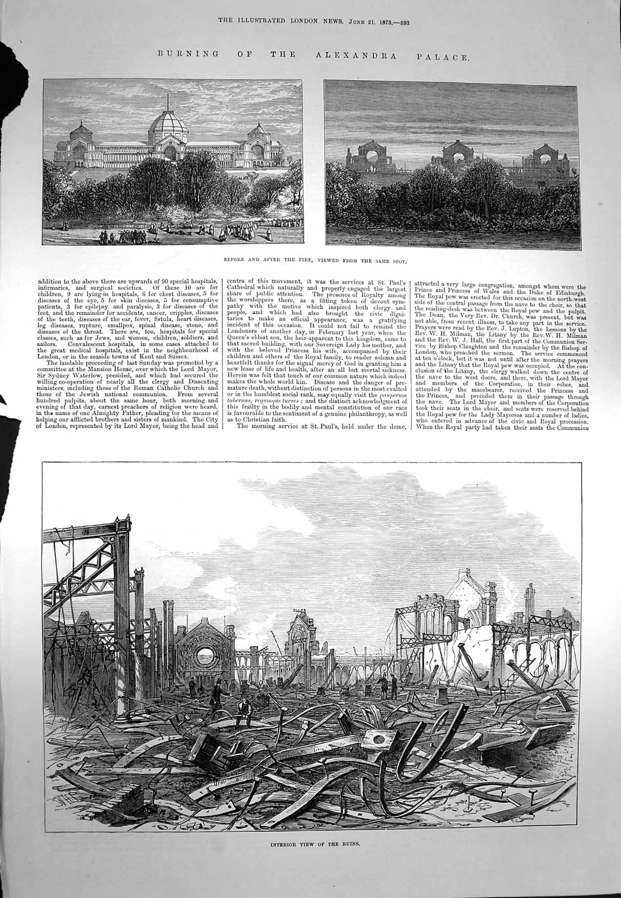 Original Old Antique Print 1873 Burning Alexandra Palace Fire Ruins Building