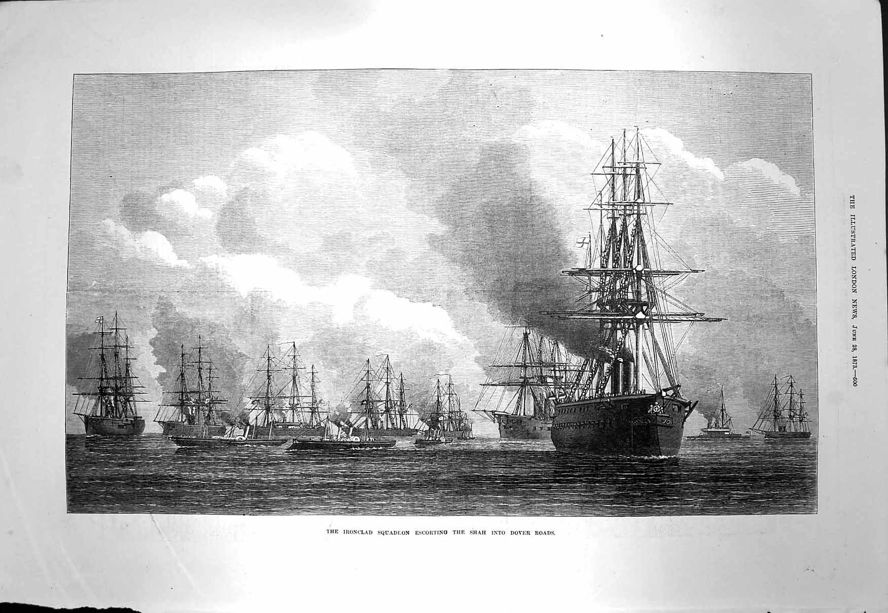 Original Old Antique Print 1873 Iron-Clad Squadron Ships Shah Dover Roads 19th