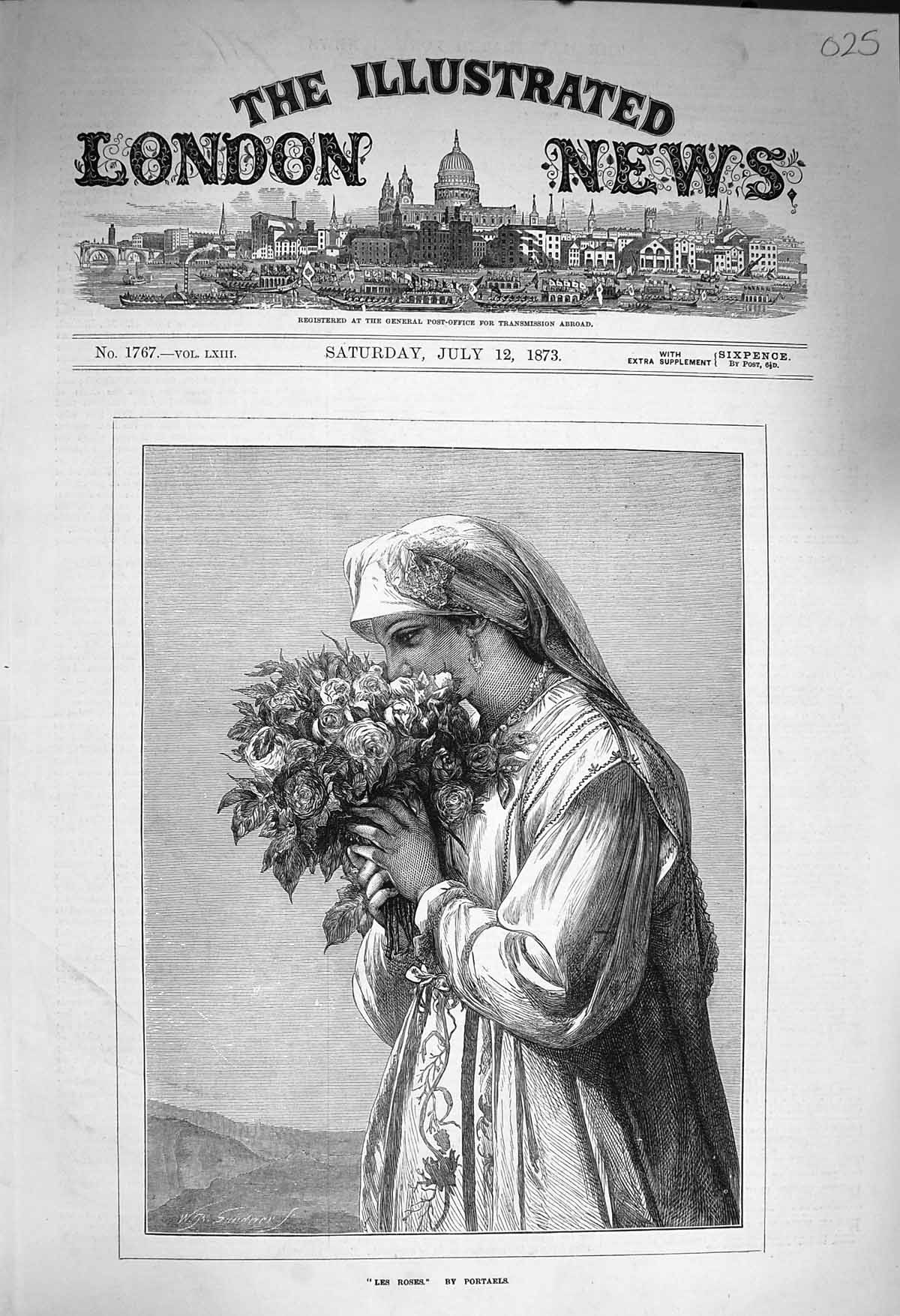 Original Old Antique Print 1873 Portrait Beuatiful Girl Les Roses Portaels 19th