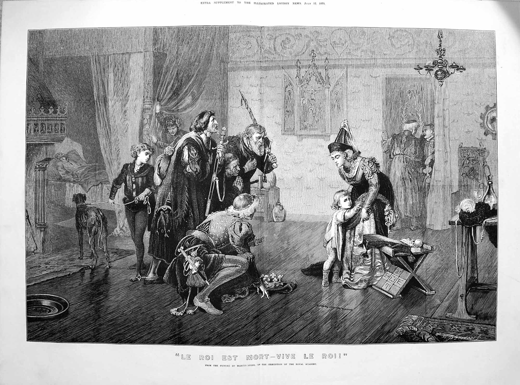 Original Old Antique Print 1873 Le Roi Eat Mort-Vive Le Roi Family Scene Stone 0