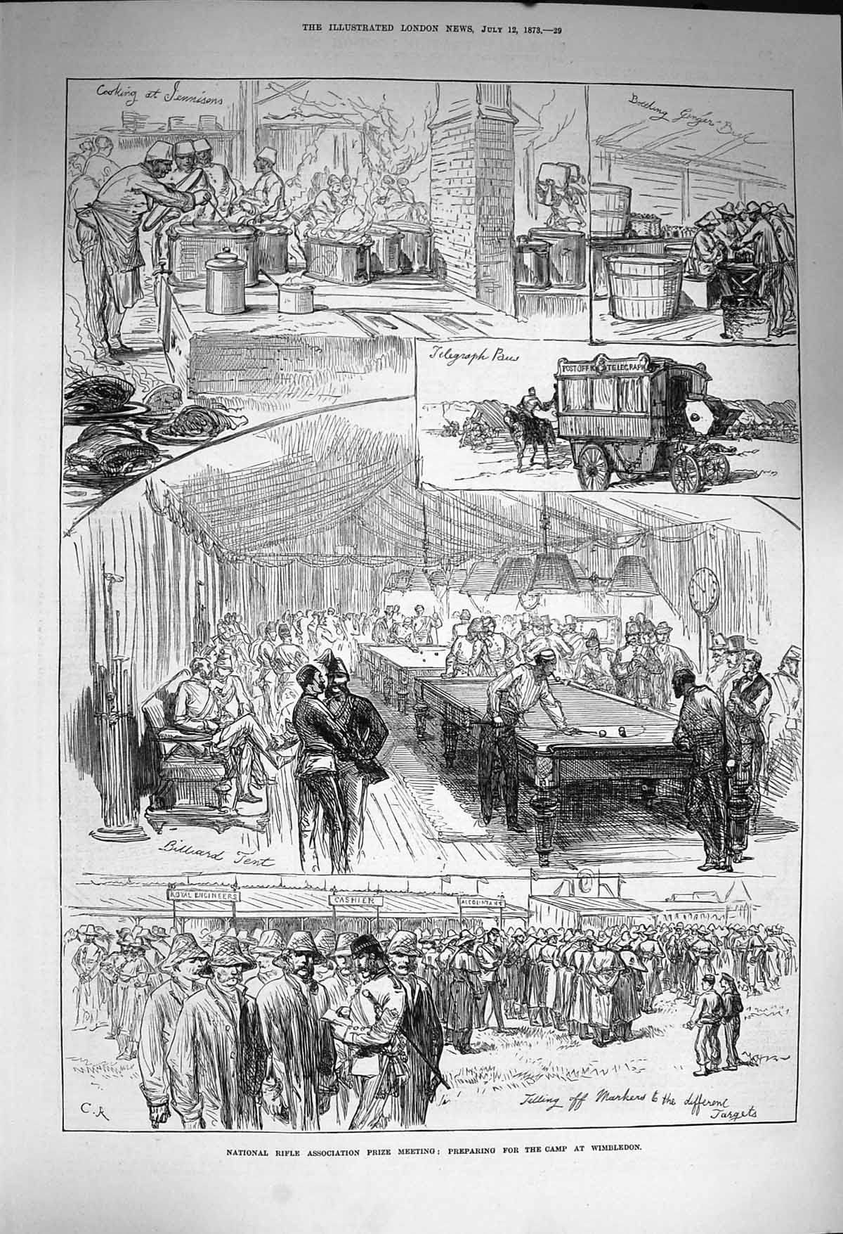 Original Old Antique Print 1873 National Rifle Association Camp Wimbledon Sport