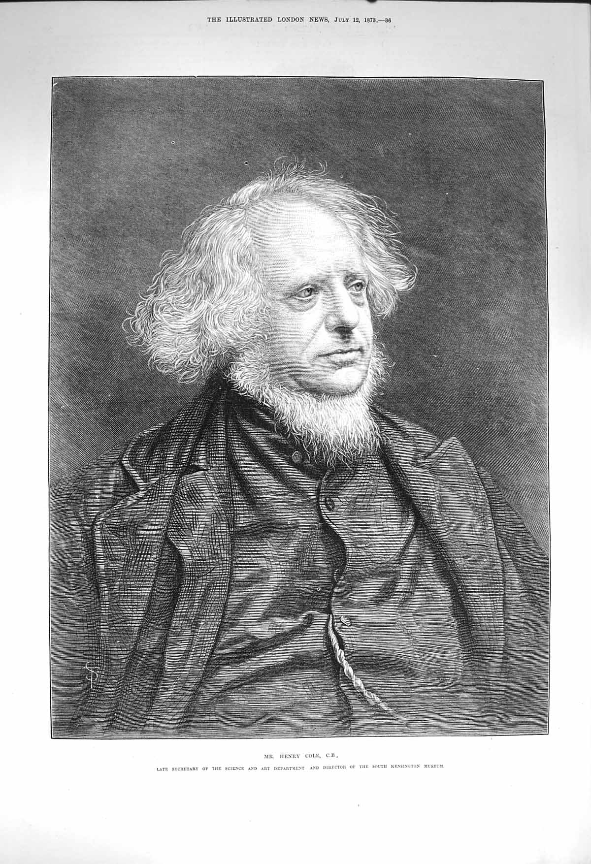 Original Old Antique Print 1873 Portrait Mr. Henry Cole Science Art Victorian