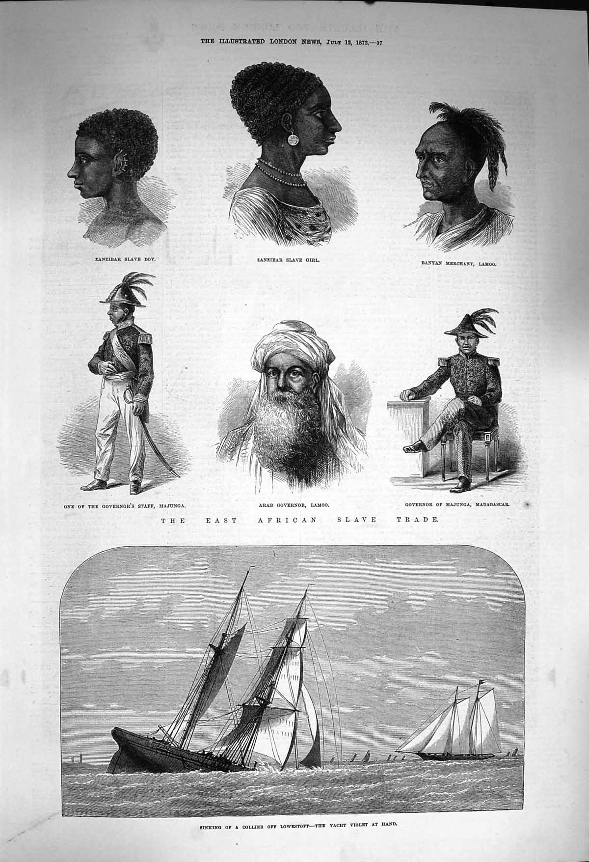 Old Antique Print 1873 Collier Lowestoft Violet Yacht Slave Arab Zanzibar 19th