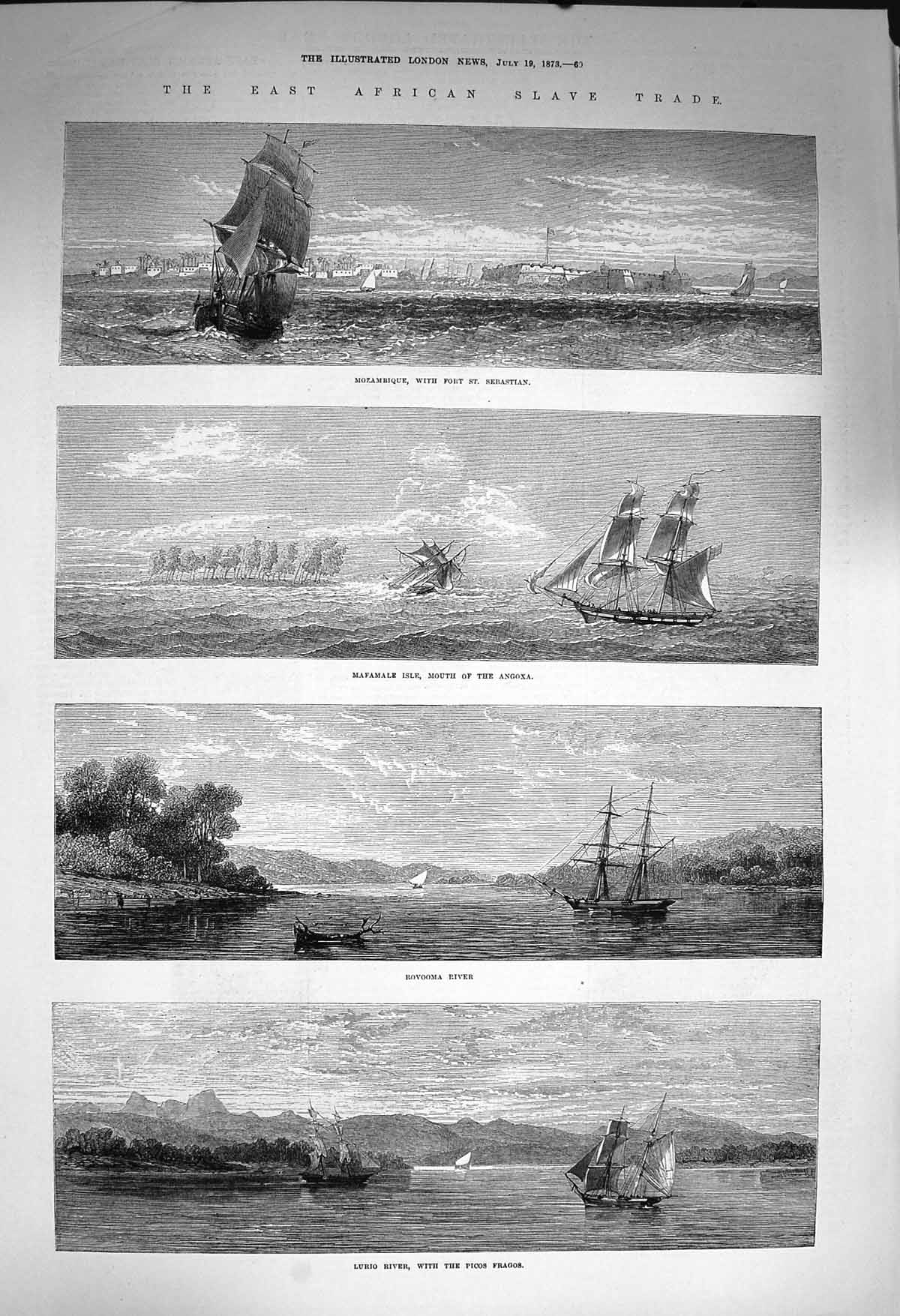 Original Old Antique Print 1873 Africa Slave Trade Mozambique Fort Lurio 19th