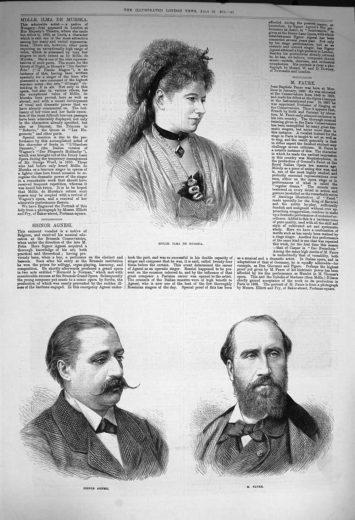 Original Old Antique Print 1873 Portrait Ilma De Murska Signor Agnesi Faure