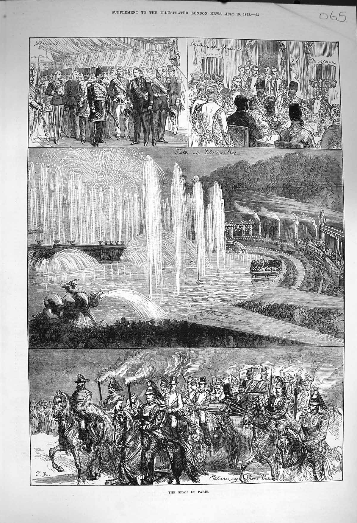 Original Old Antique Print 1873 Shah Paris Versailles Fountain Horse Carriage