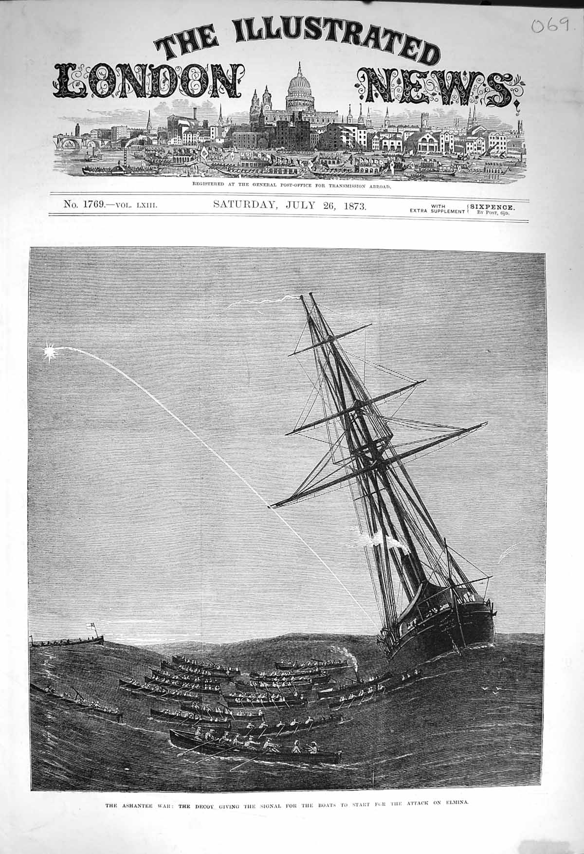 Old Antique Print 1873 Ashantee War Decoy Signal Boats Attack Elmina Ship 19th