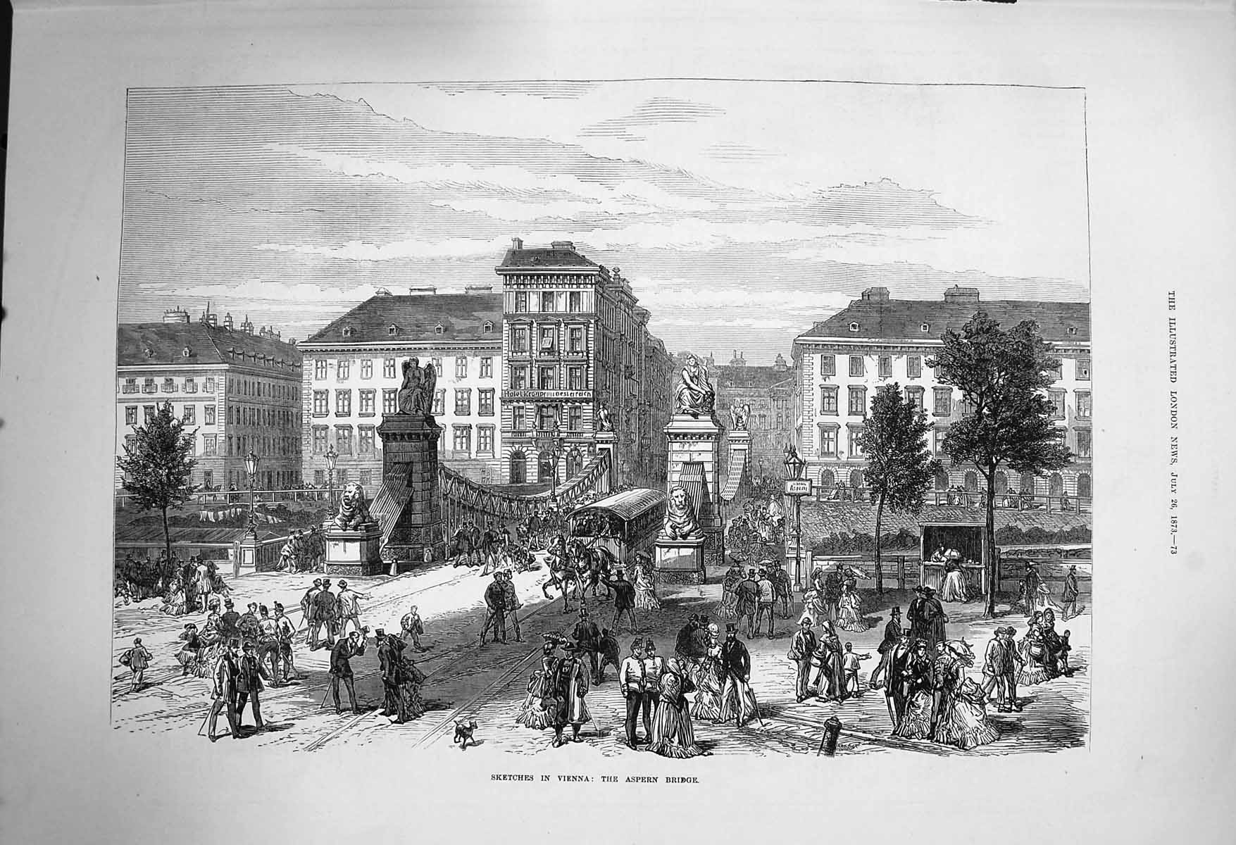 Original Old Antique Print 1873 Scene Vienna View Aspern Bridge Architecture