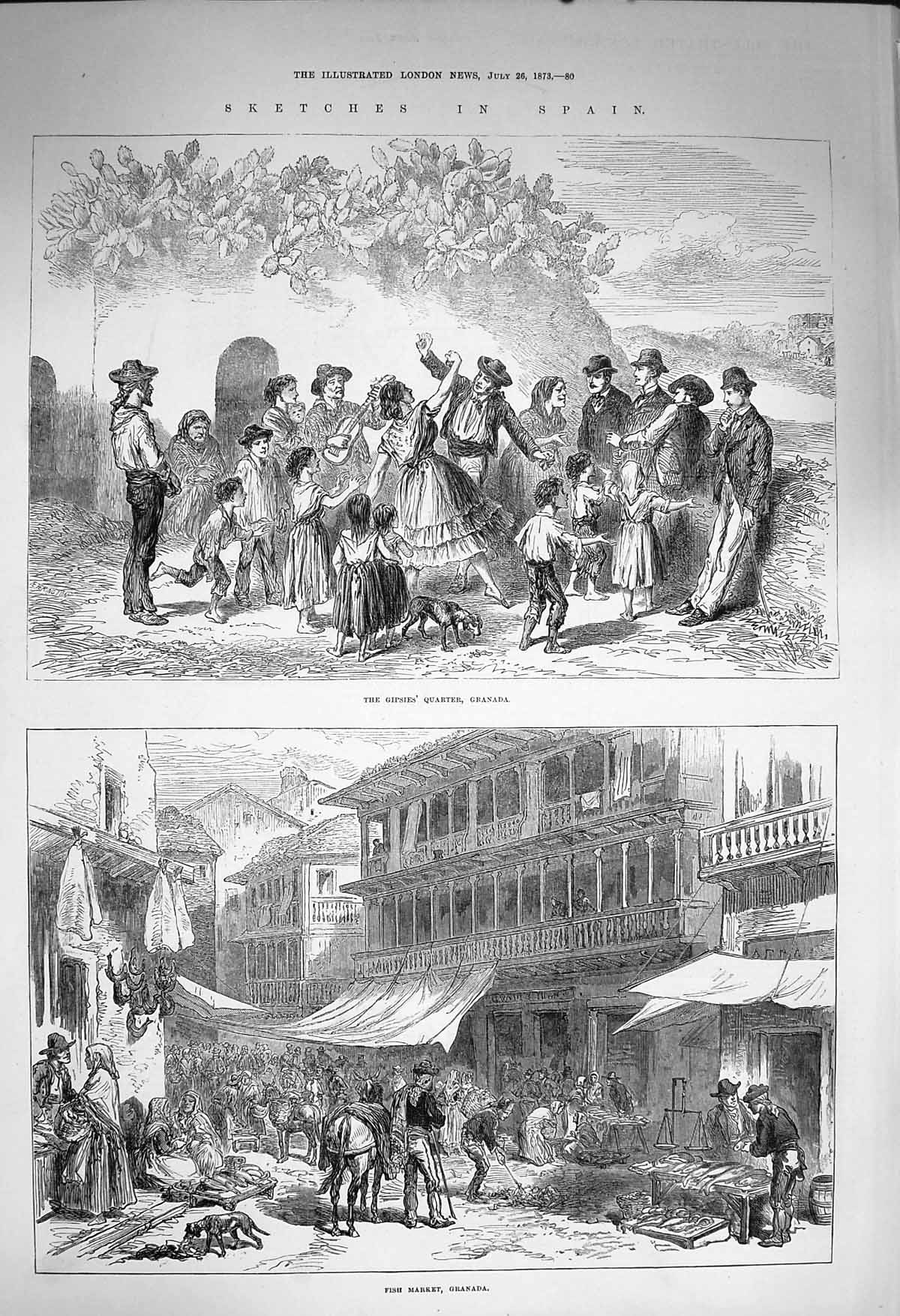 Original Old Antique Print 1873 Scene Spain Gipsies Quarter Granada Fish Market