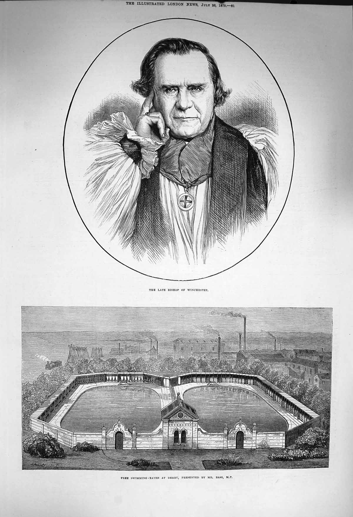 Original Old Antique Print 1873 Bishop Winchester Swimming Baths Derby Bass