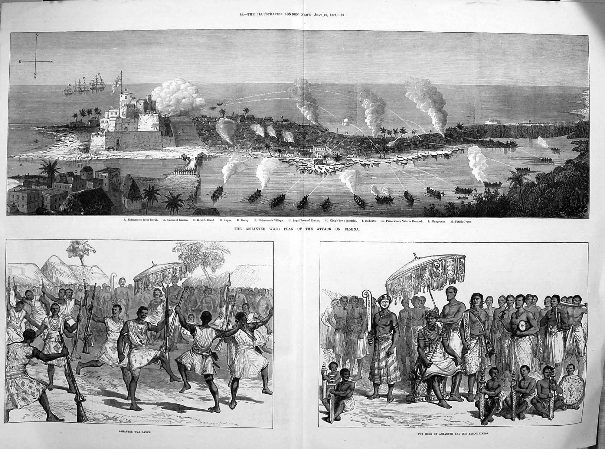 Original Old Antique Print 1873 Ashantee War Elmina War-Dance Executione 19th