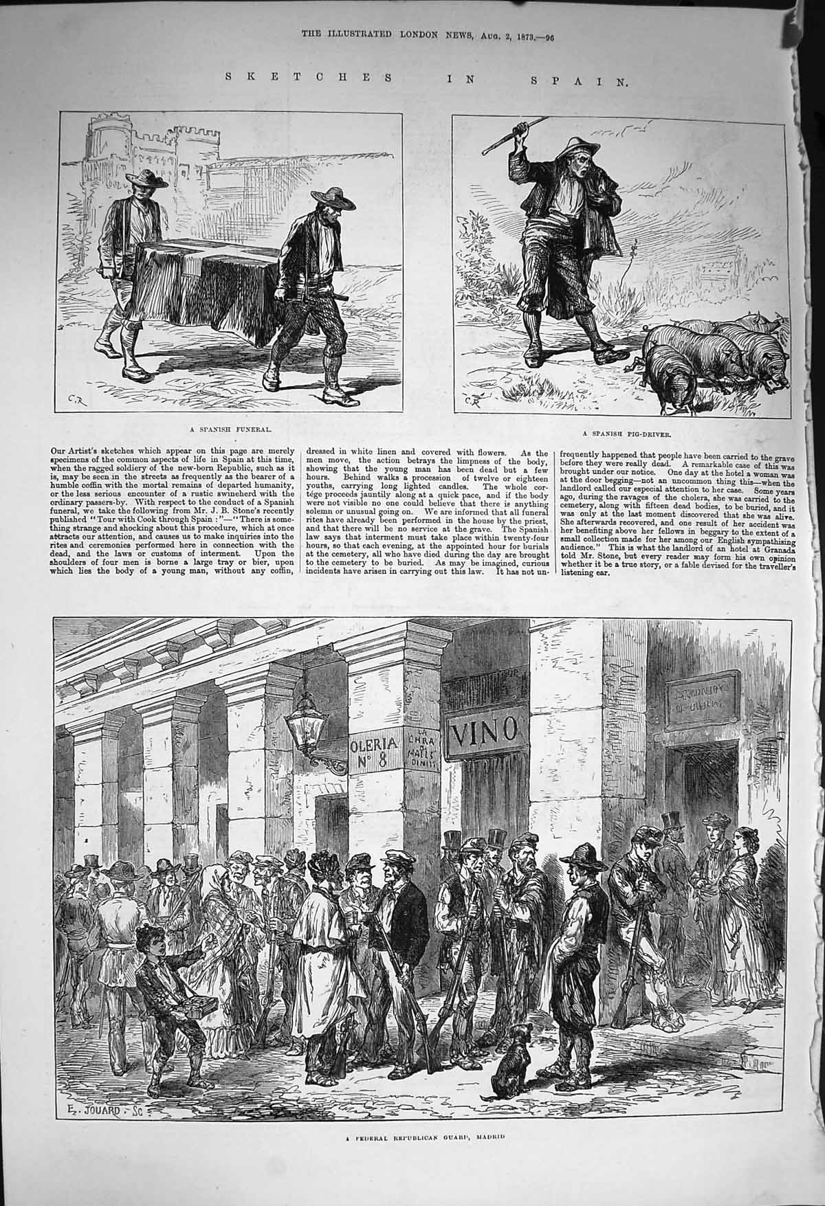 Old Antique Print 1873 Spain Funeral Republican Guard Pig-Driver Madrid 19th