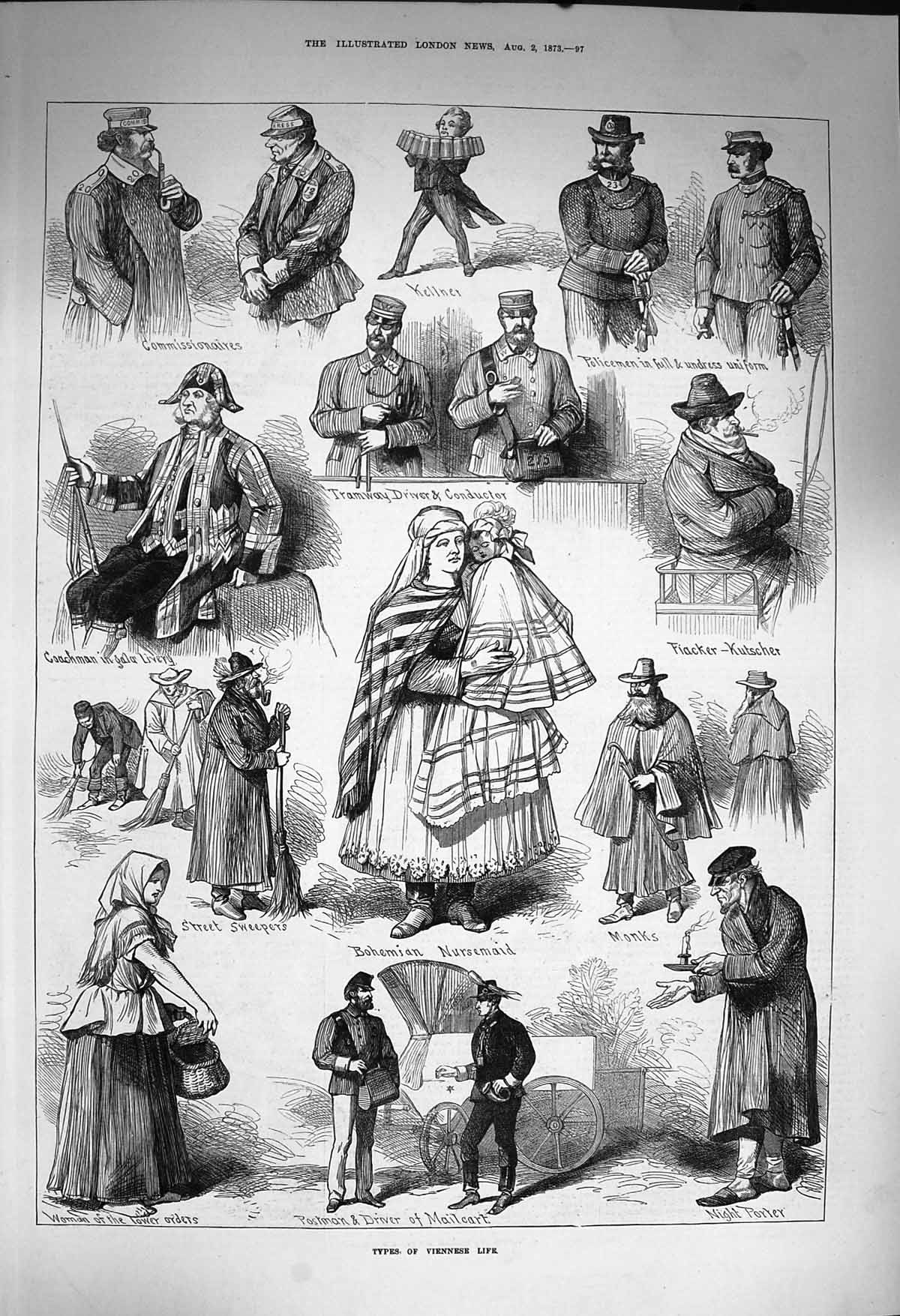 Original Old Antique Print 1873 Viennese Life Bohemian Nursemaid Moks Coachman